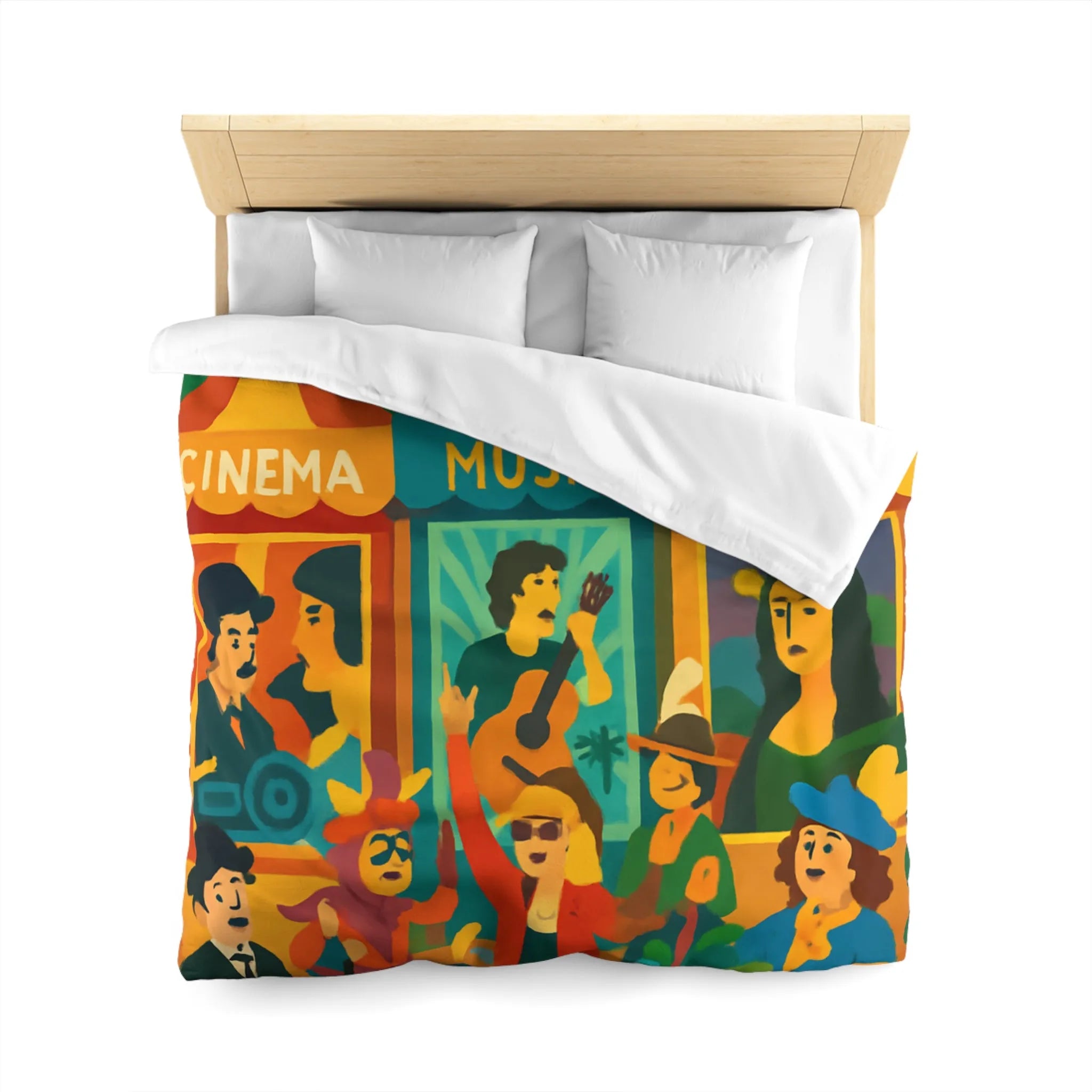 Housse de couette colorée avec motifs cinéma, musique et art, ambiance festive bohème