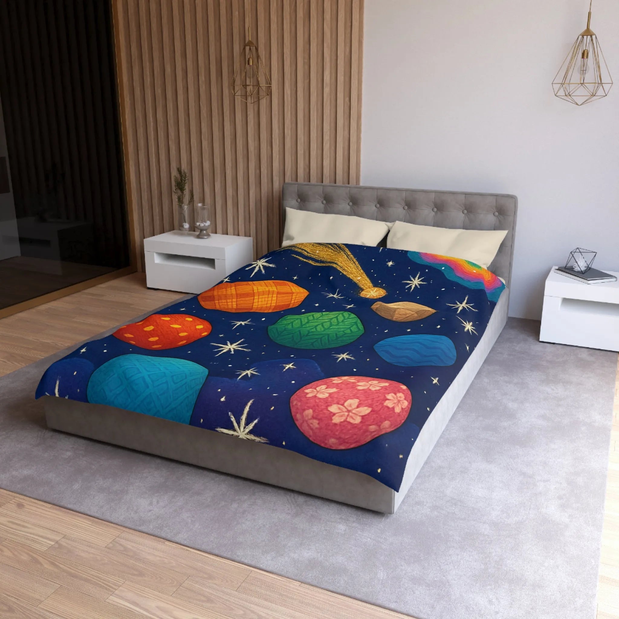 Housse de couette colorée avec planètes texturées, étoiles brillantes et nébuleuse mystique