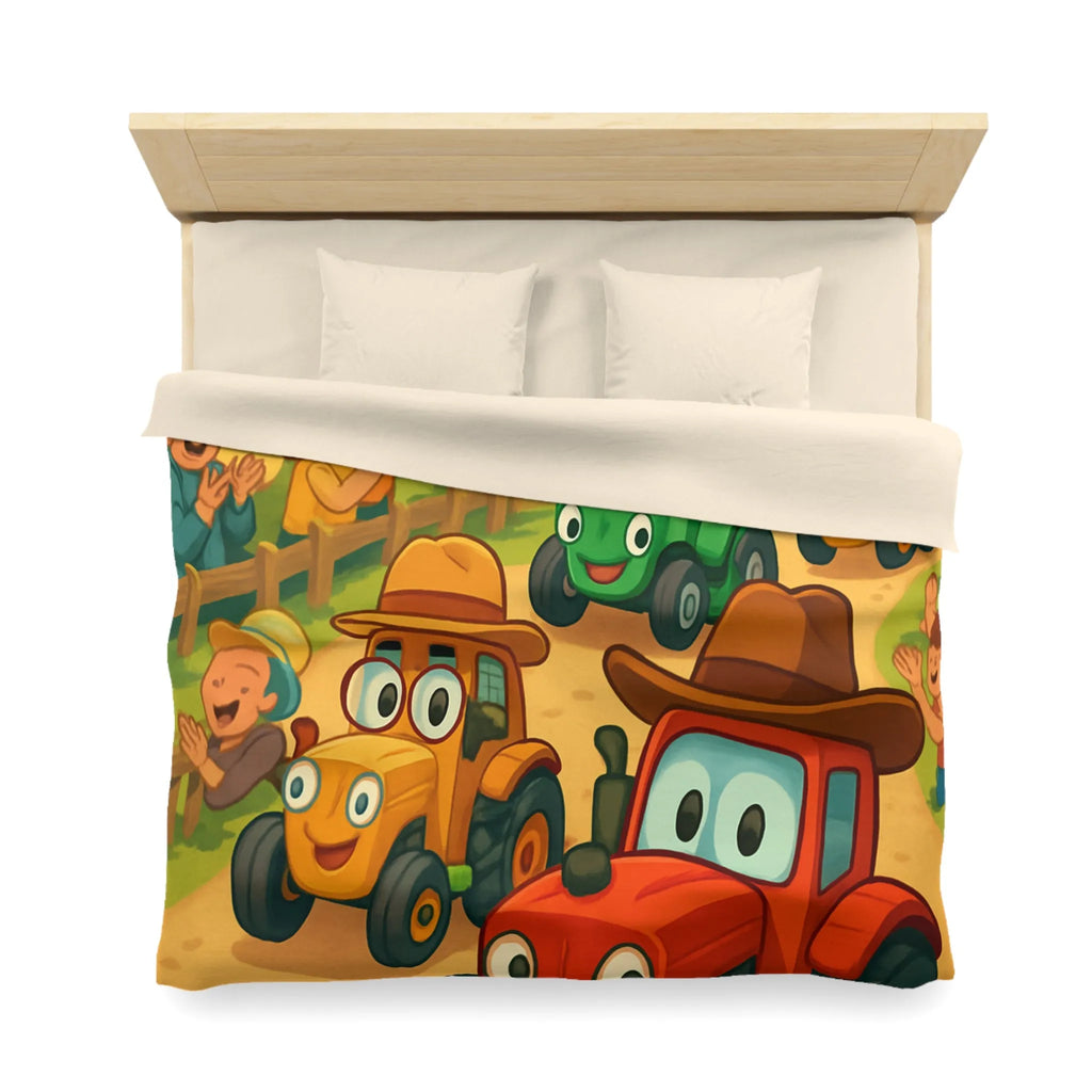 Housse de Couette Enfants Motif Tracteurs Souriants Champs Paysans Ensoleillés et Amusants