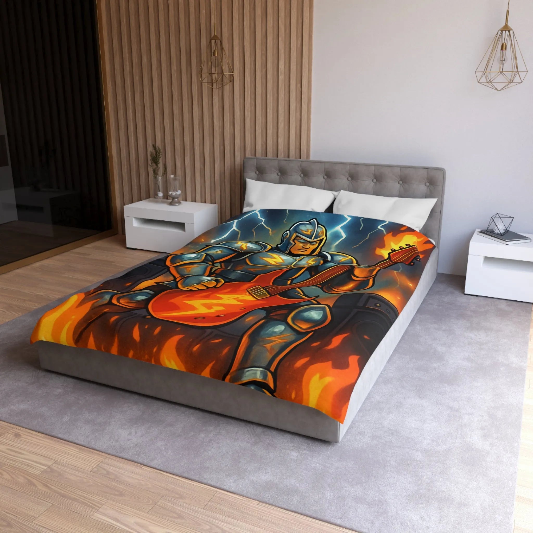 Housse de couette guerrier électrique avec guitare enflammée pour chambre rock intense