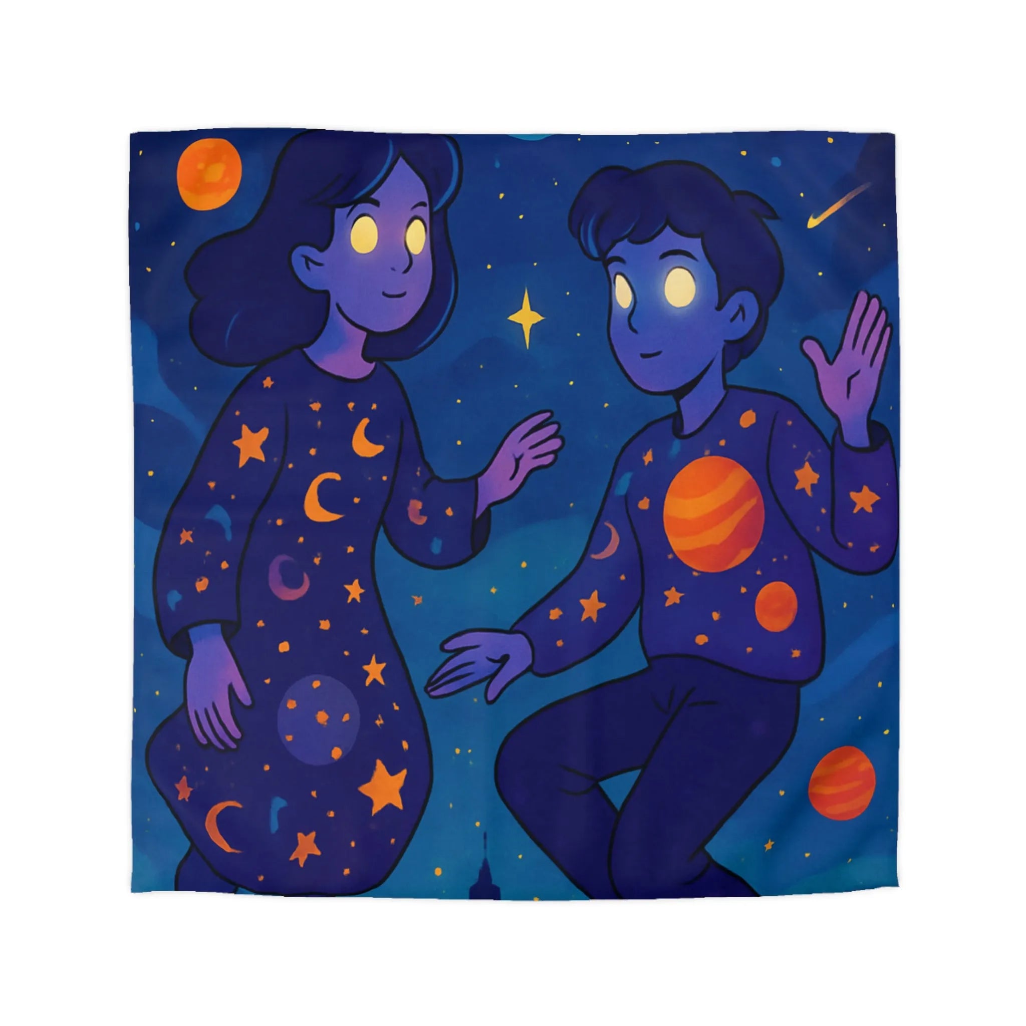 Housse de couette double galaxie avec enfants flottants et planètes lumineuses