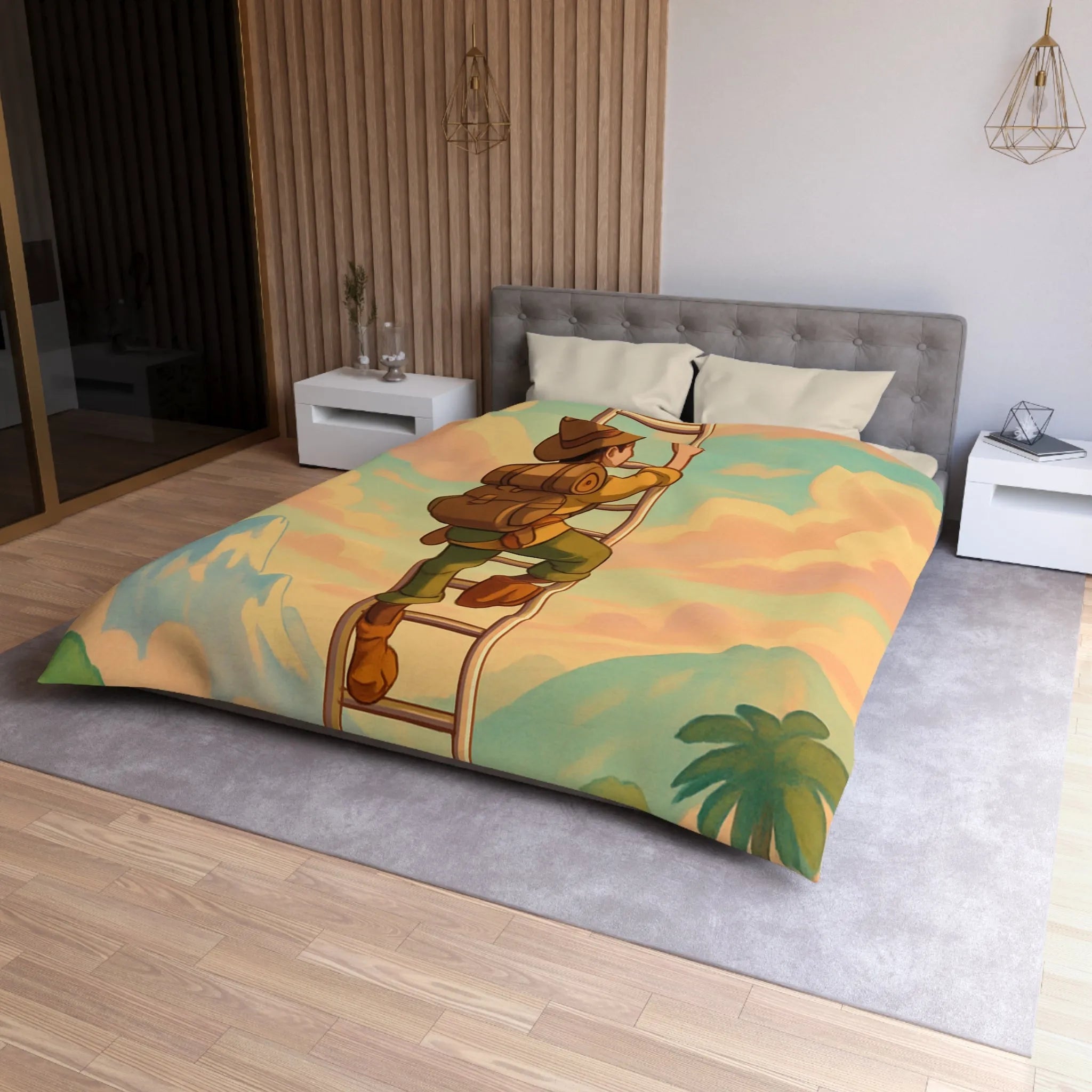 Housse de couette avec aventurier grimpant échelle vers ciel pastel et montagnes lointaines