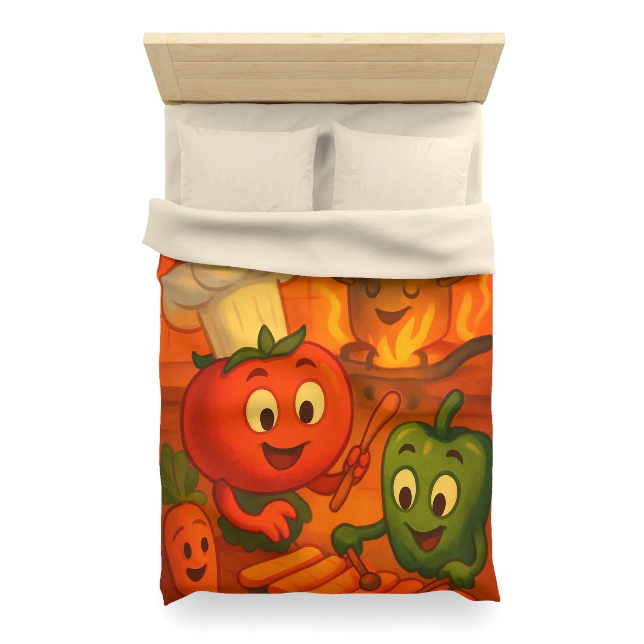 Housse de couette illustrée avec légumes adorables jouant dans une cuisine animée orangée