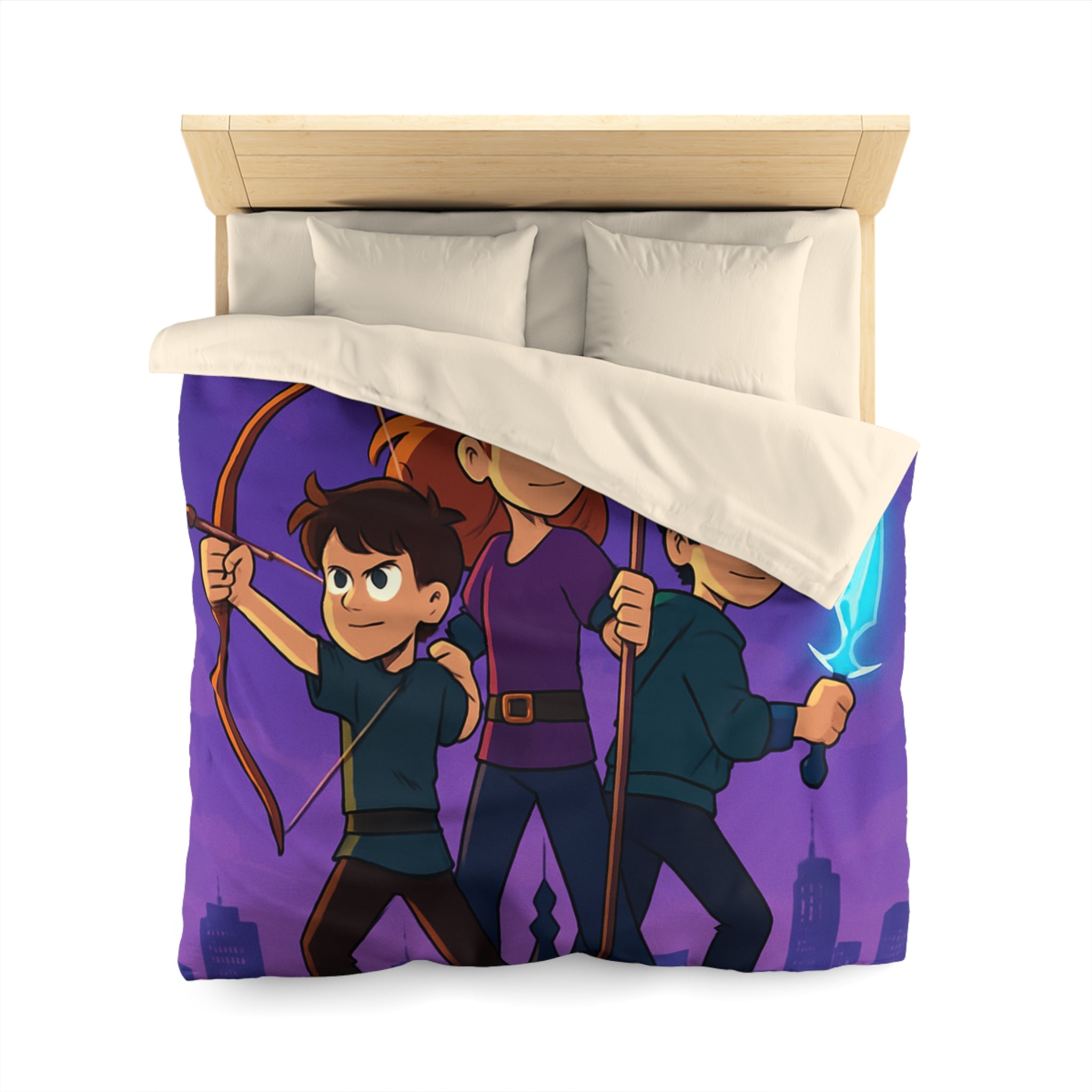 Housse de couette urbaine illustrée, ambiance aventure mystique avec enfants et armes