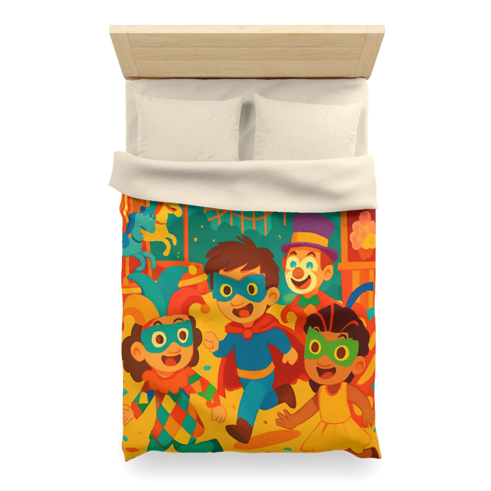 Joyeuse fête foraine avec enfants costumés courant joyeusement parmi attractions colorées nocturnes