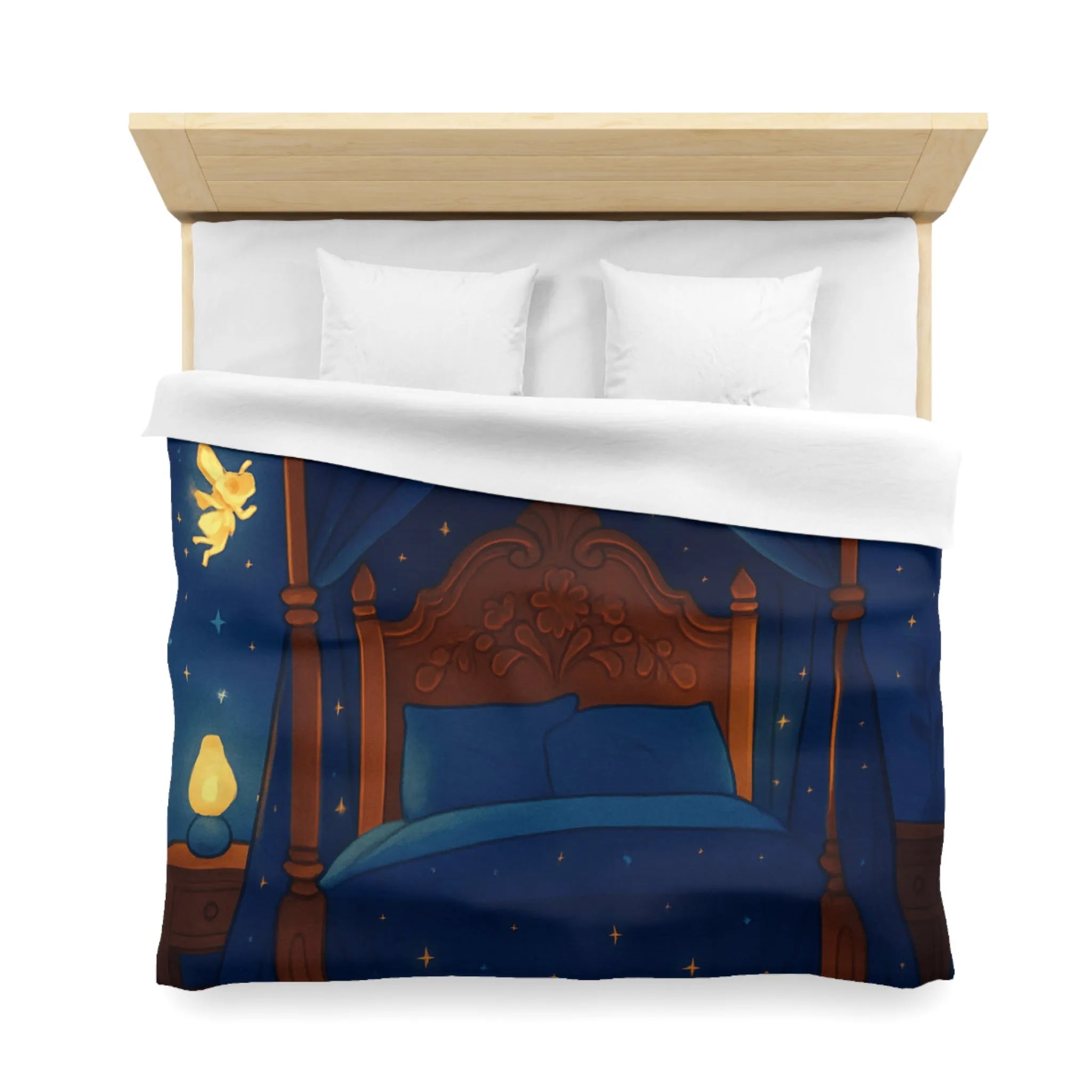 Housse de couette bleue étoilée avec fées et chat endormi, ambiance féérique
