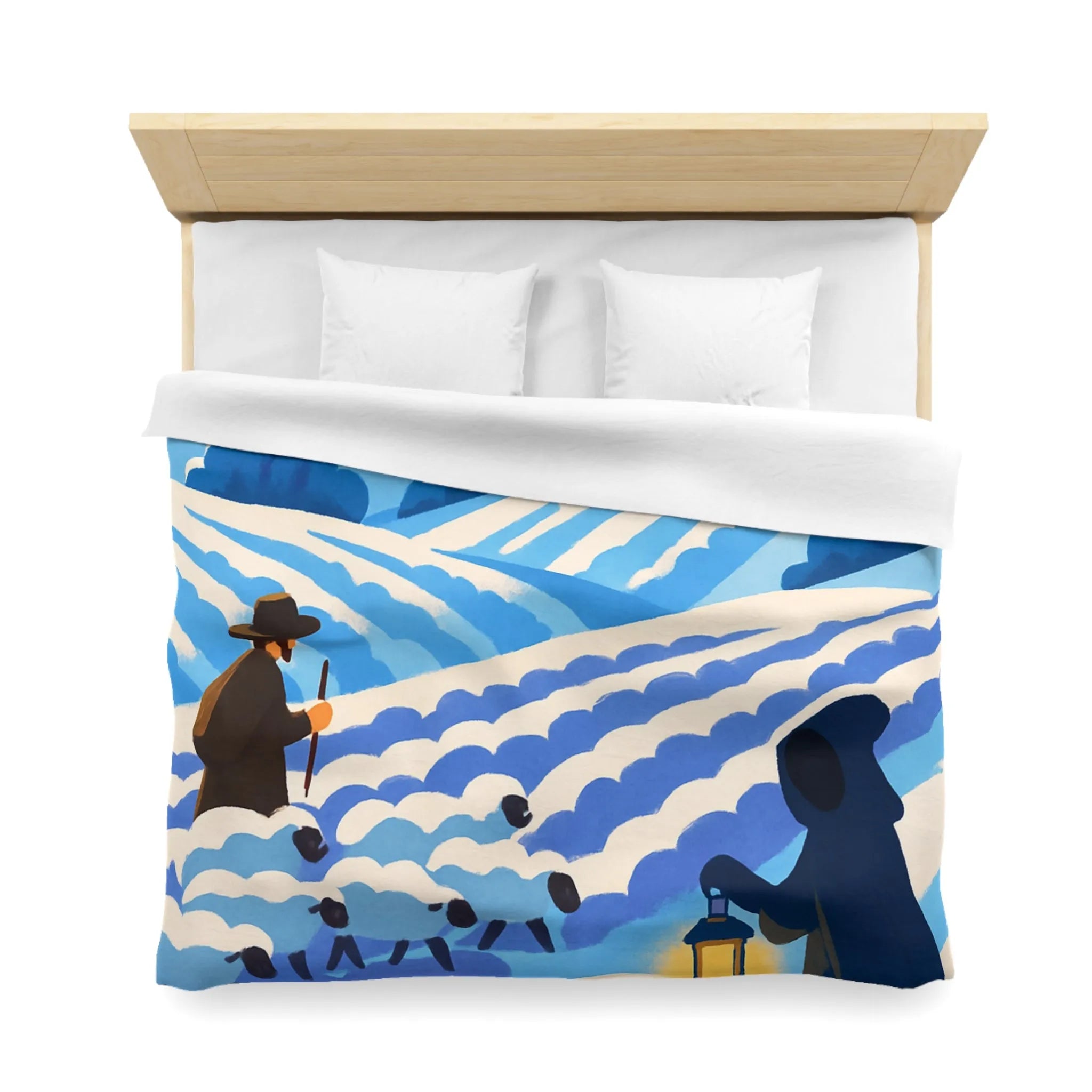 Housse de couette champêtre avec berger, moutons et moulin dans un paysage rêveur