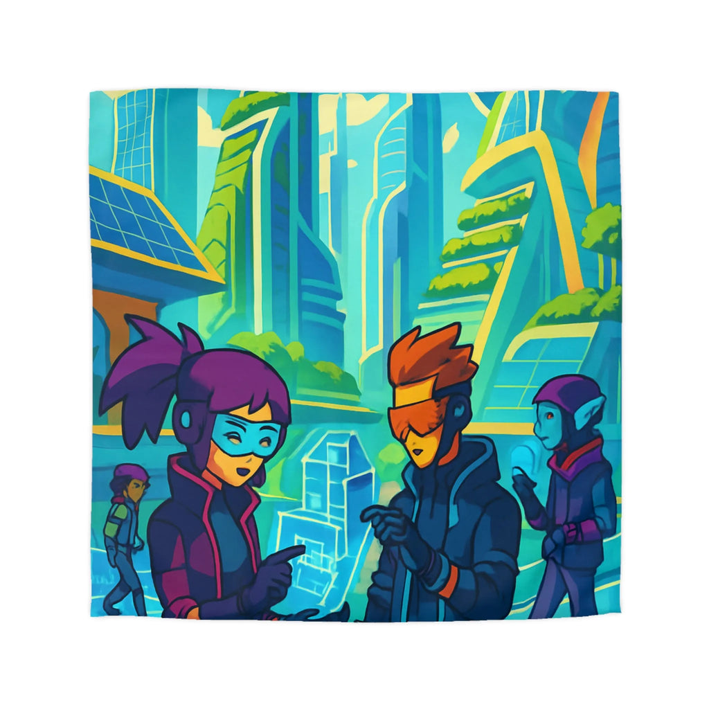 Housse de couette futuriste avec design coloré et thème urbain science-fiction moderne