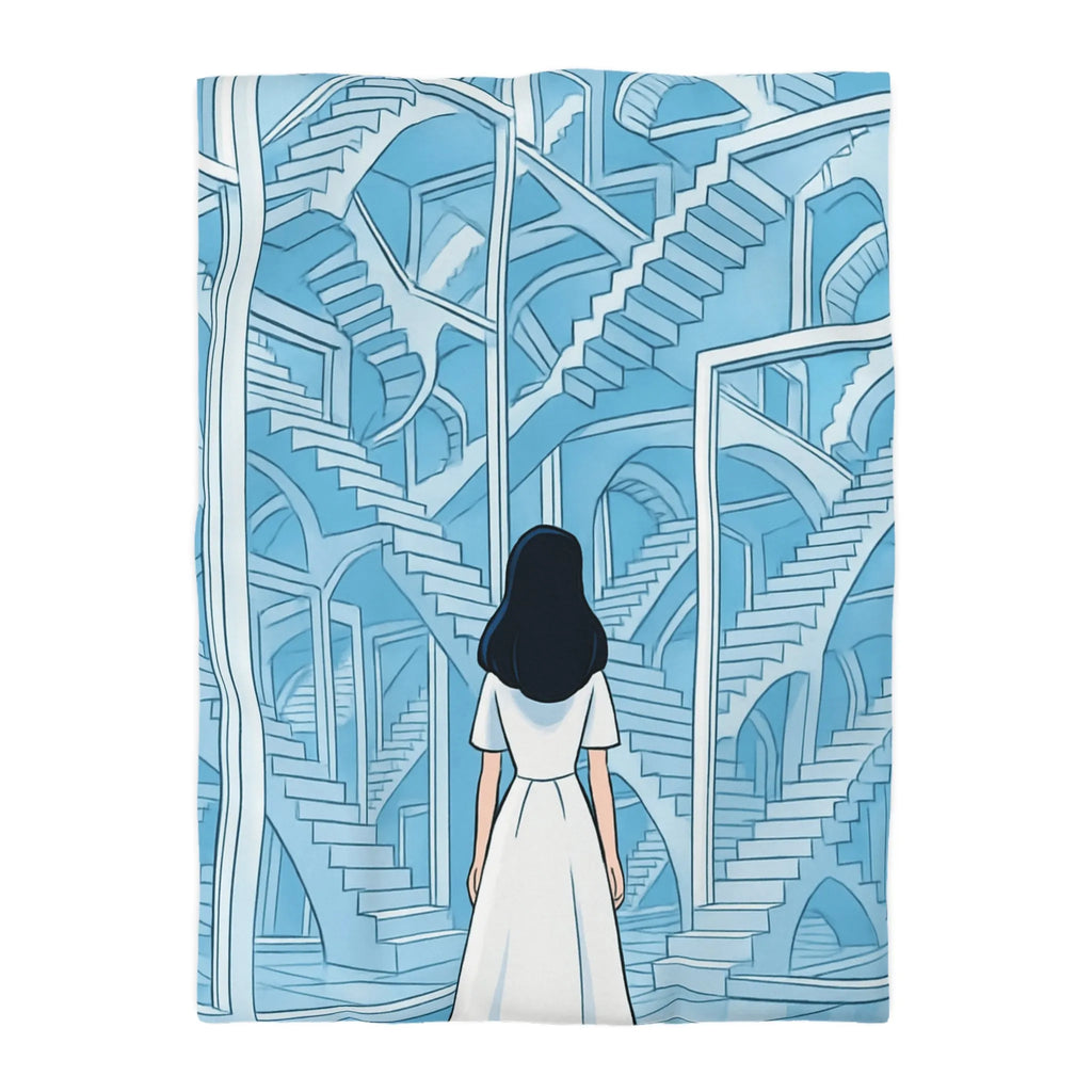 Housse de couette escalier infini en bleu avec femme en robe blanche contemporaine