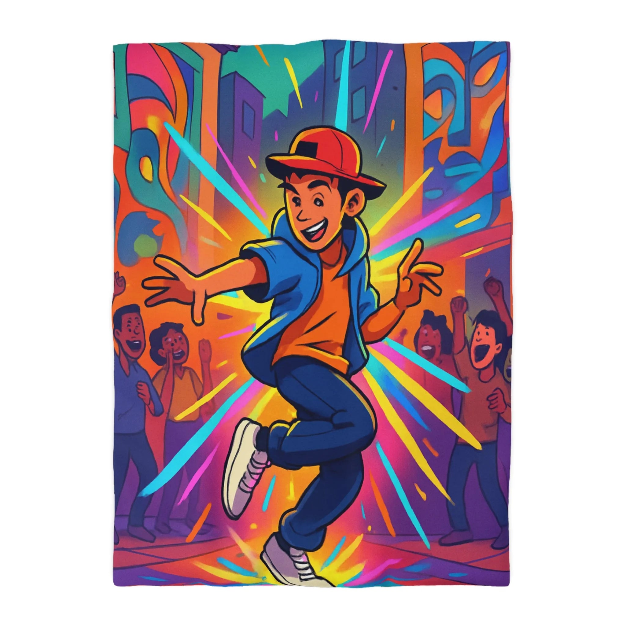 Housse couette street dance couleur vive, ambiance urbaine, dessin dynamique jeune garçon joyeux