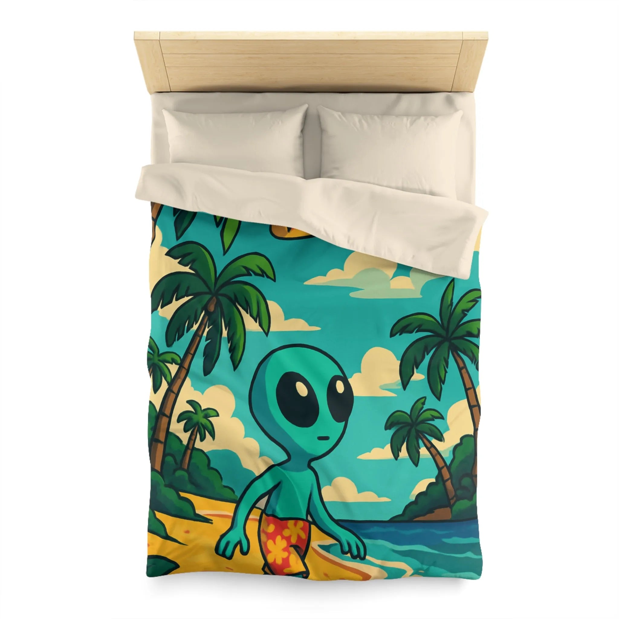 Housse de Couette Enfant Alien Plage Tropicale Planète Saturée Rêveur Ciel Imagination