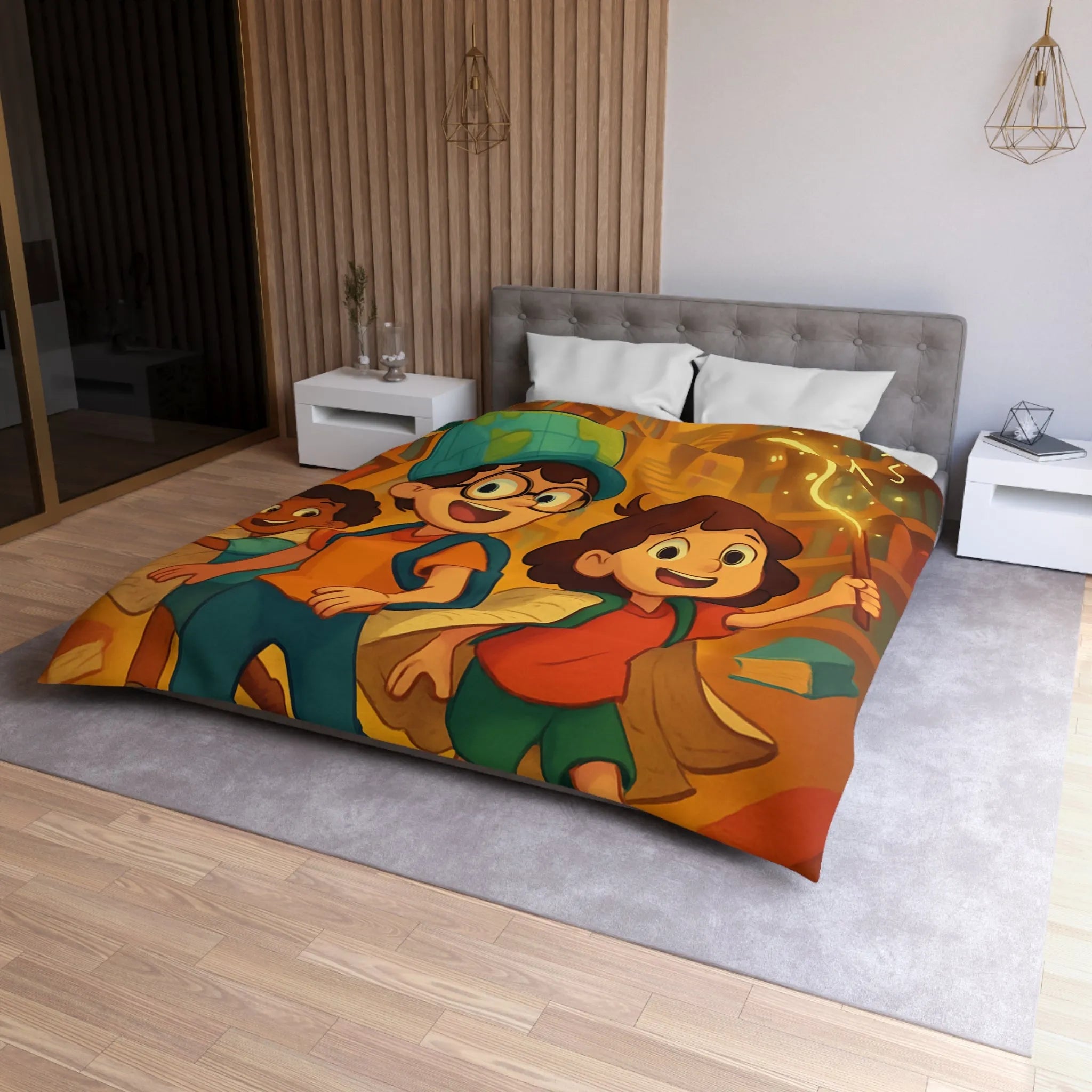 Housse de couette magique avec enfants explorant une bibliothèque enchantée et livres volants