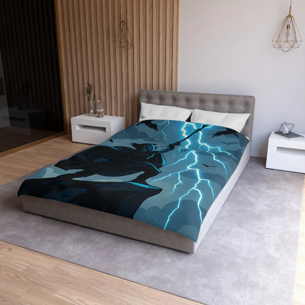 Housse de couette épique avec personnage et éclairs en style illustration fantastique