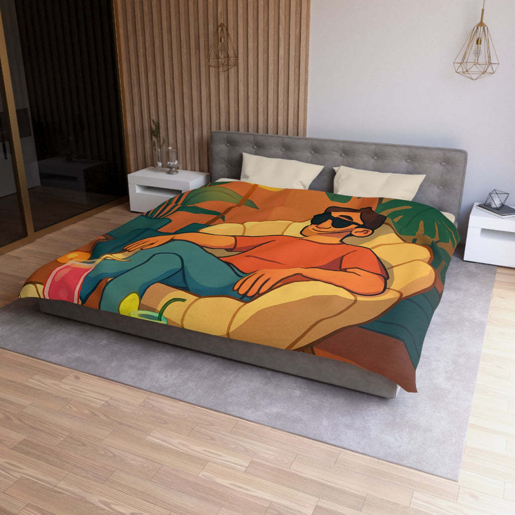 Housse de Couette Tropicale Design Moderne avec Feuilles et Boissons Colorées Style Rétro