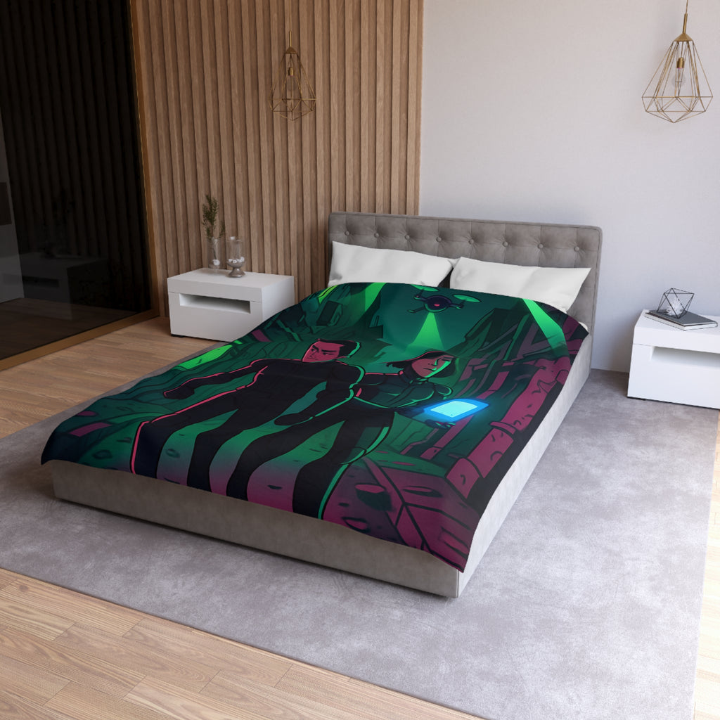 Housse de couette motif espionnage futuriste avec drones dans une ruelle mystérieuse