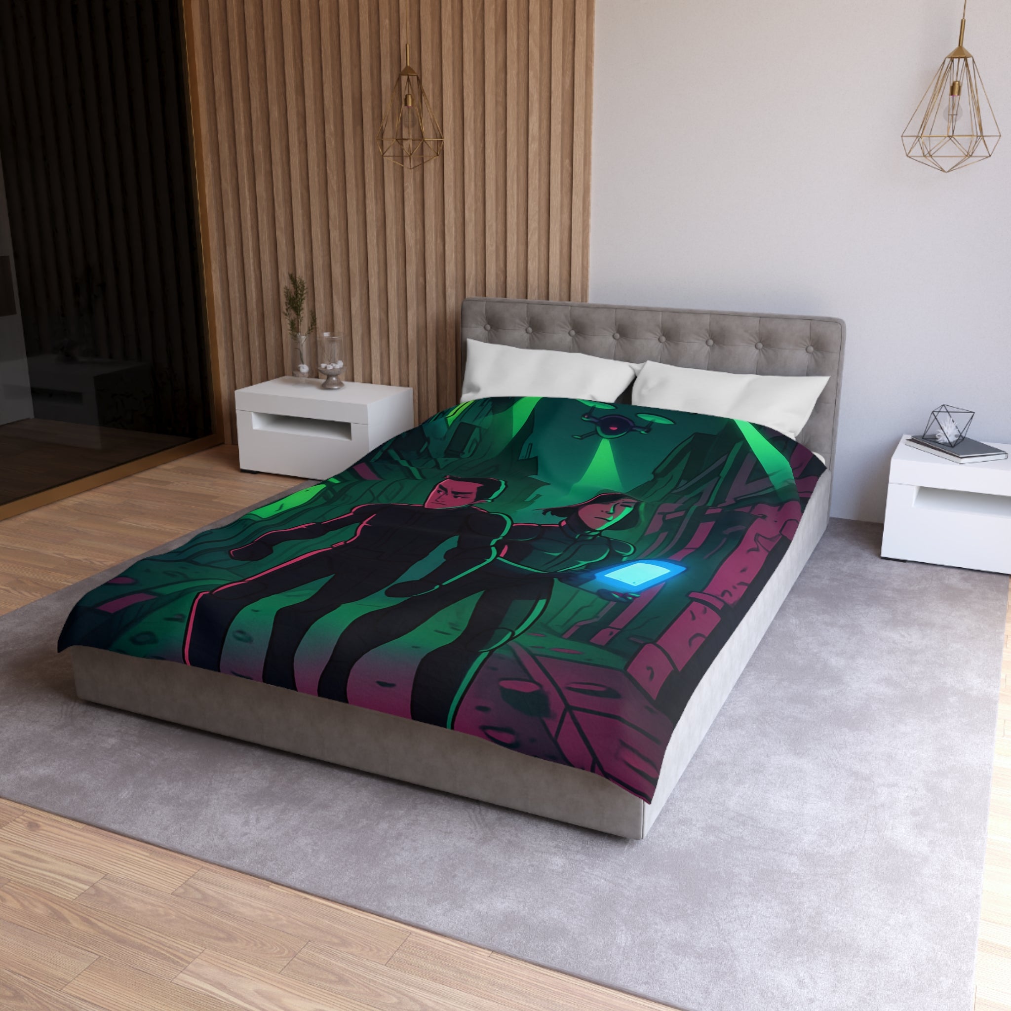 Housse de couette motif espionnage futuriste avec drones dans une ruelle mystérieuse