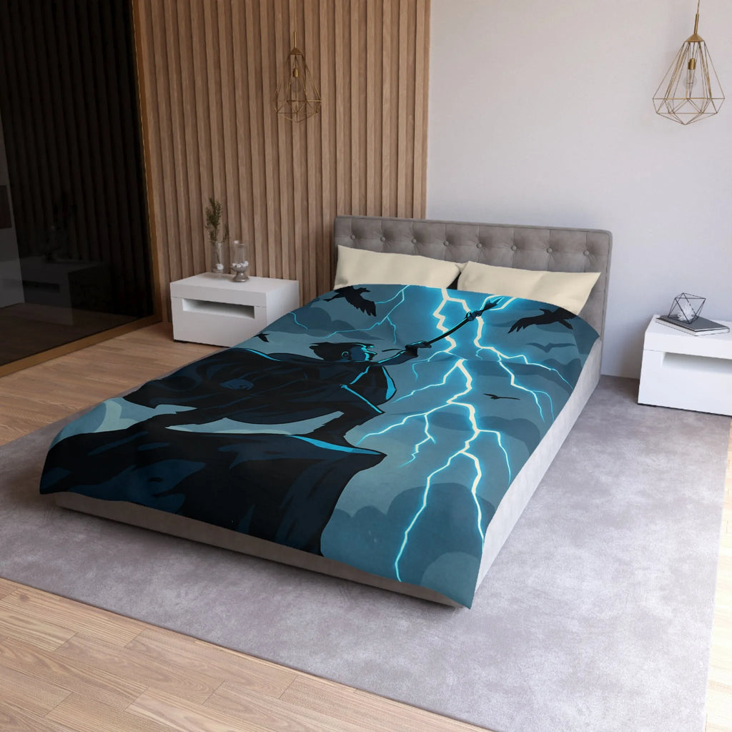 Housse de couette épique avec personnage et éclairs en style illustration fantastique