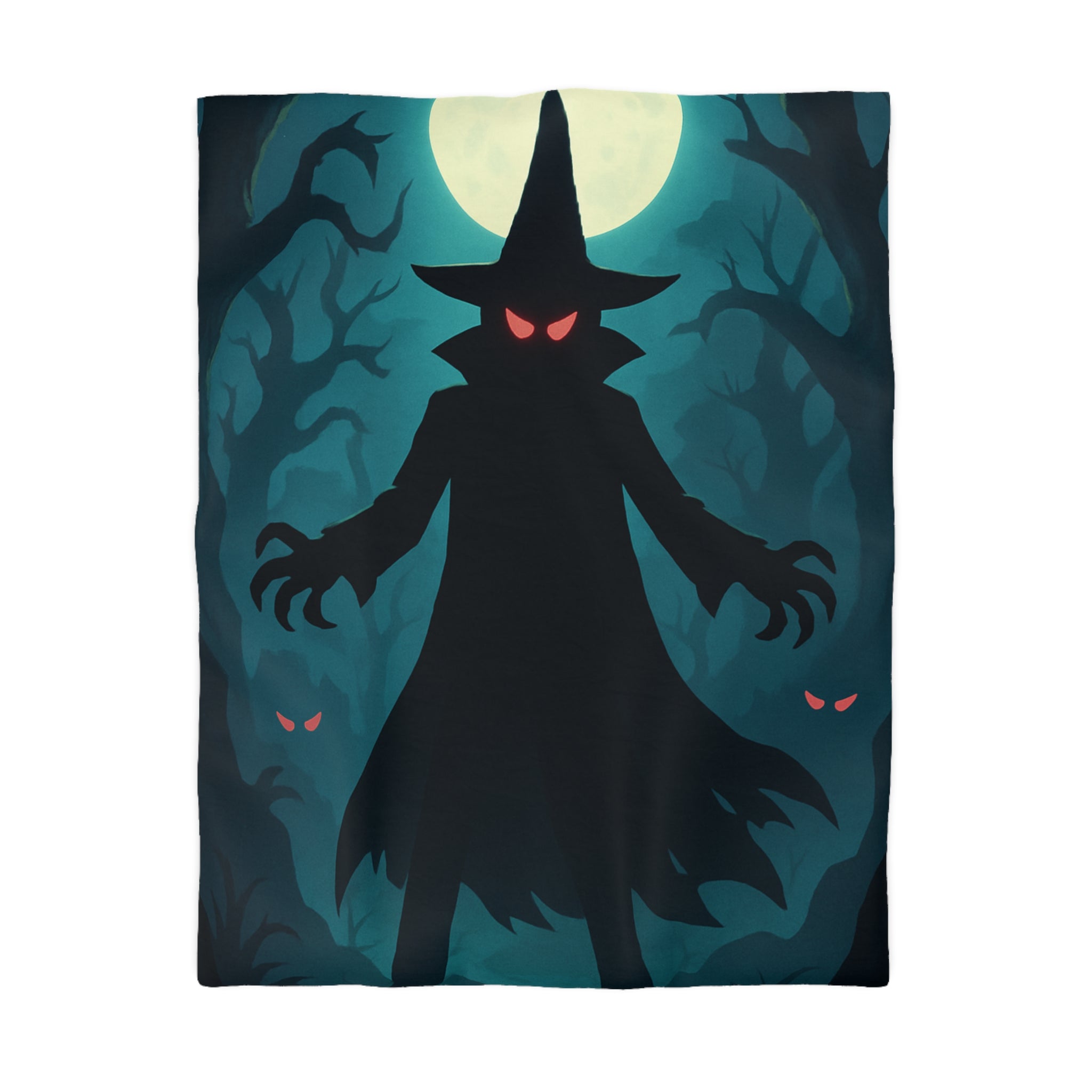 Housse de couette sorcier sombre dans forêt avec pleine lune et yeux rouges