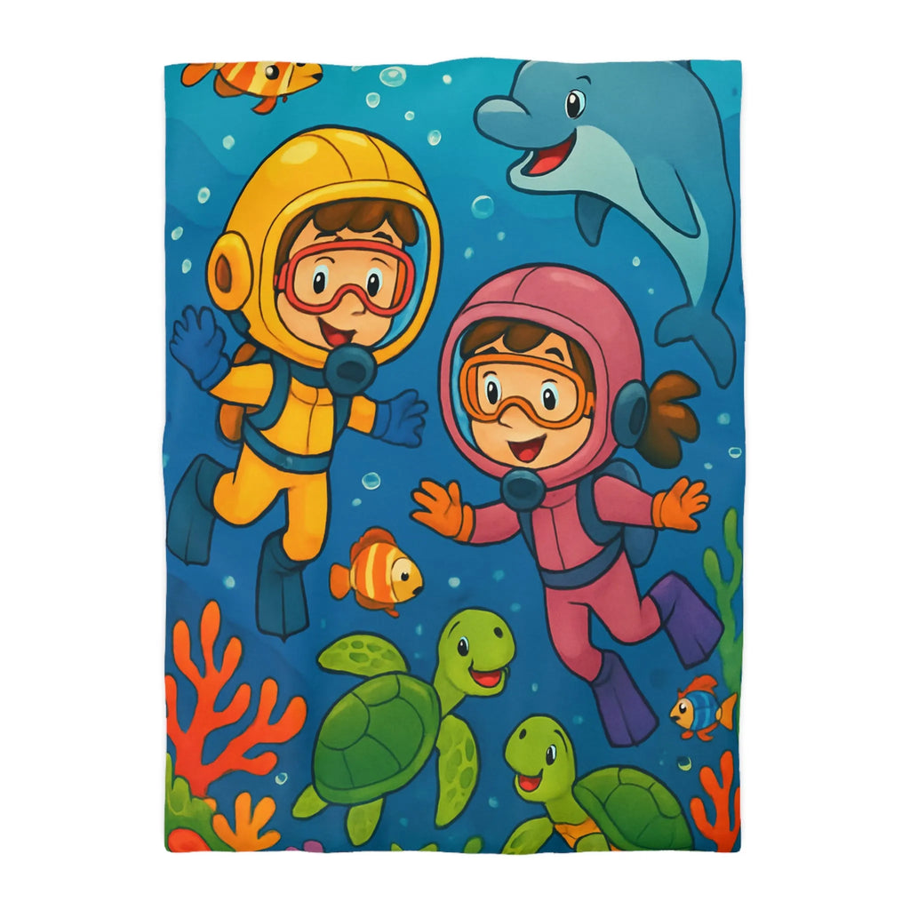 Housse de couette ludique pour enfant avec plongeurs et animaux marins multicolores
