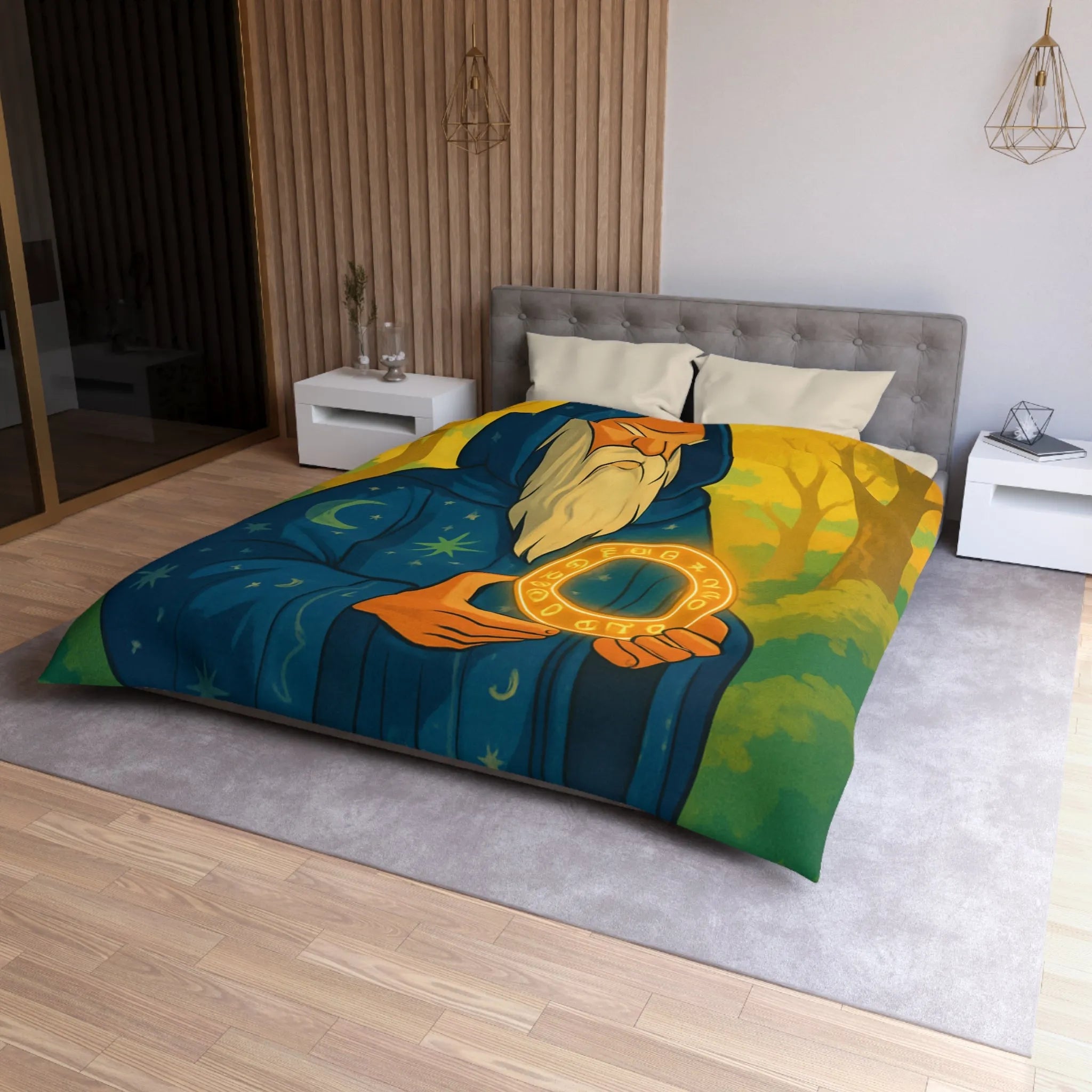 Housse de couette enchantée avec mage en forêt et cercle lumineux mystérieux