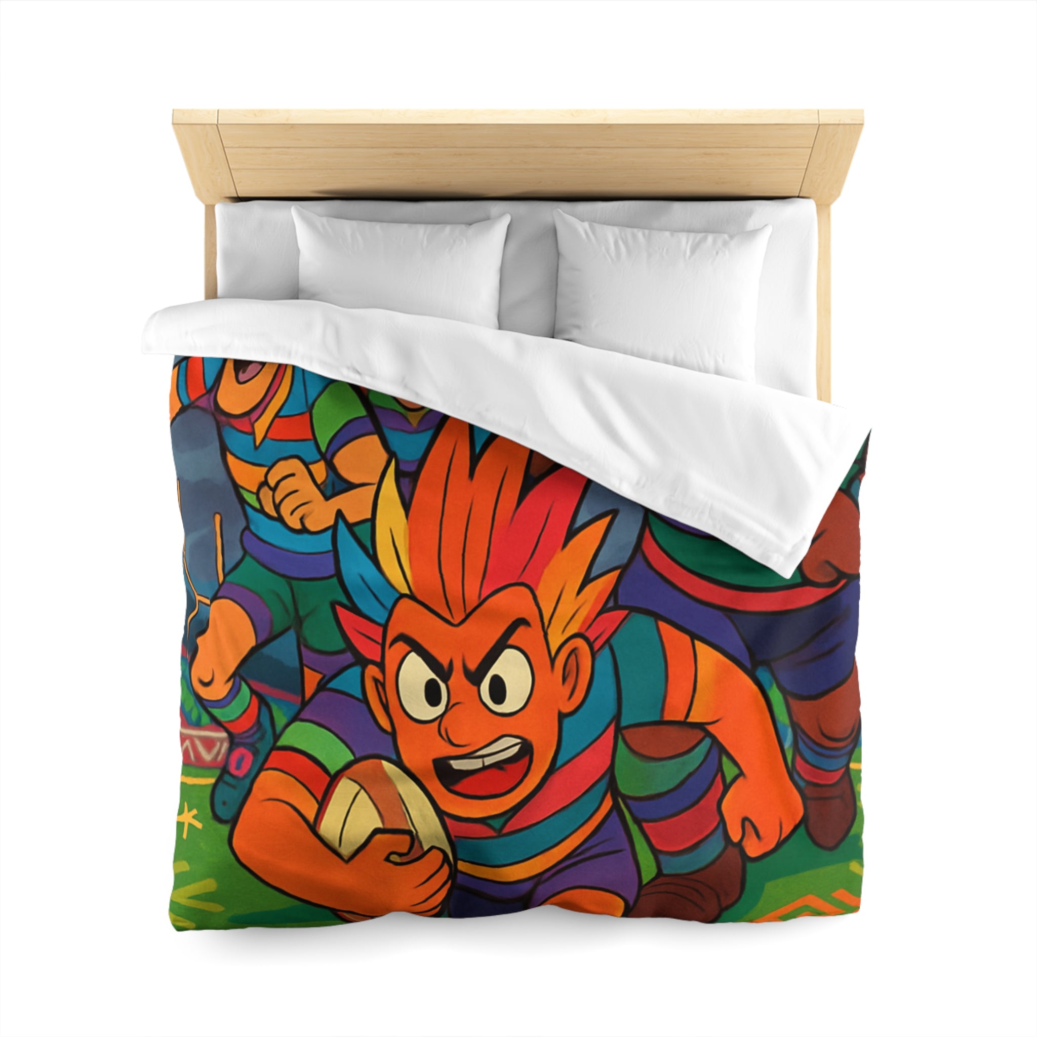 Parure de lit colorée avec joueurs de rugby en style bande dessinée pour enfant