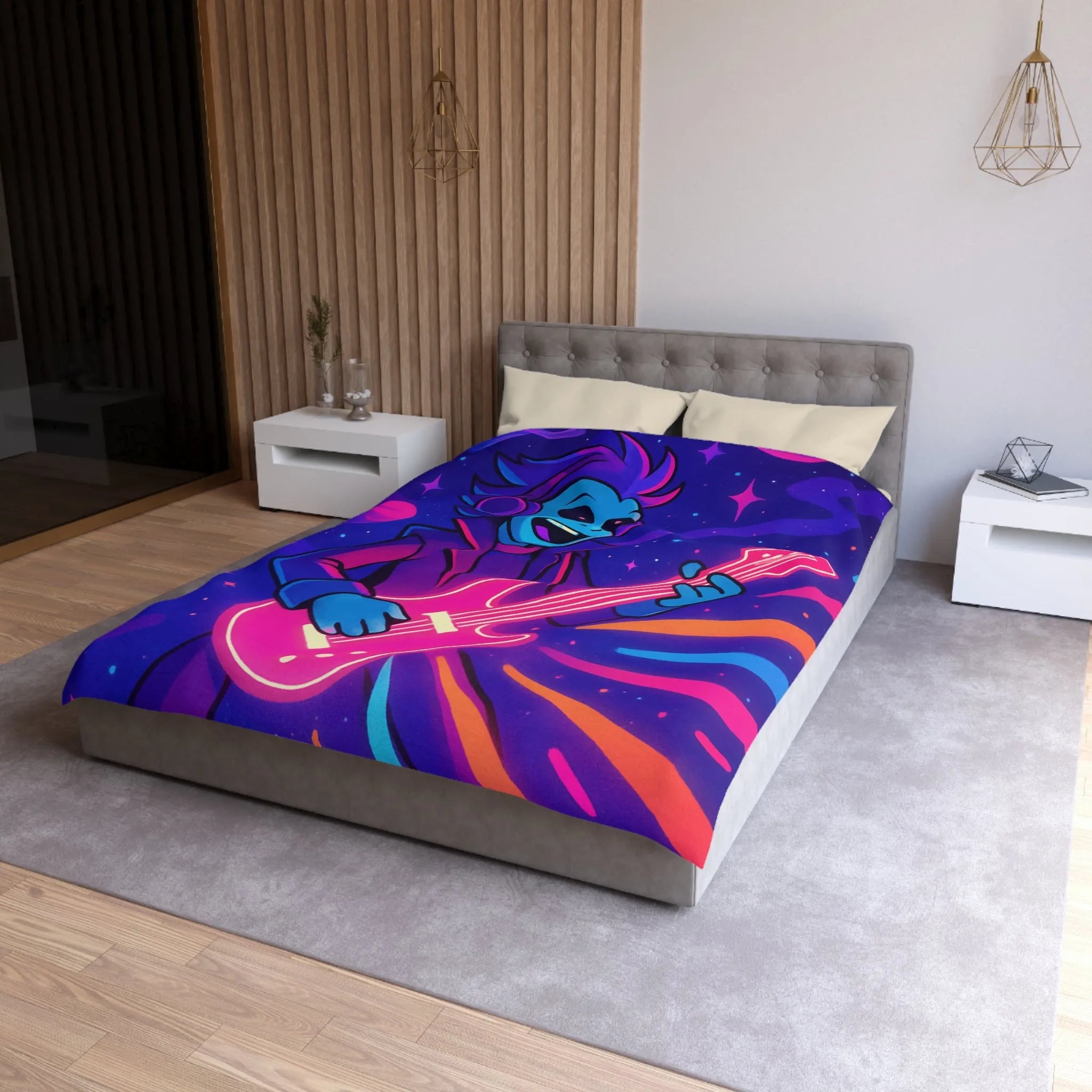 Housse de Couette Galactique avec Musicien Alien et Planètes Multicolores en Néon Vibrant