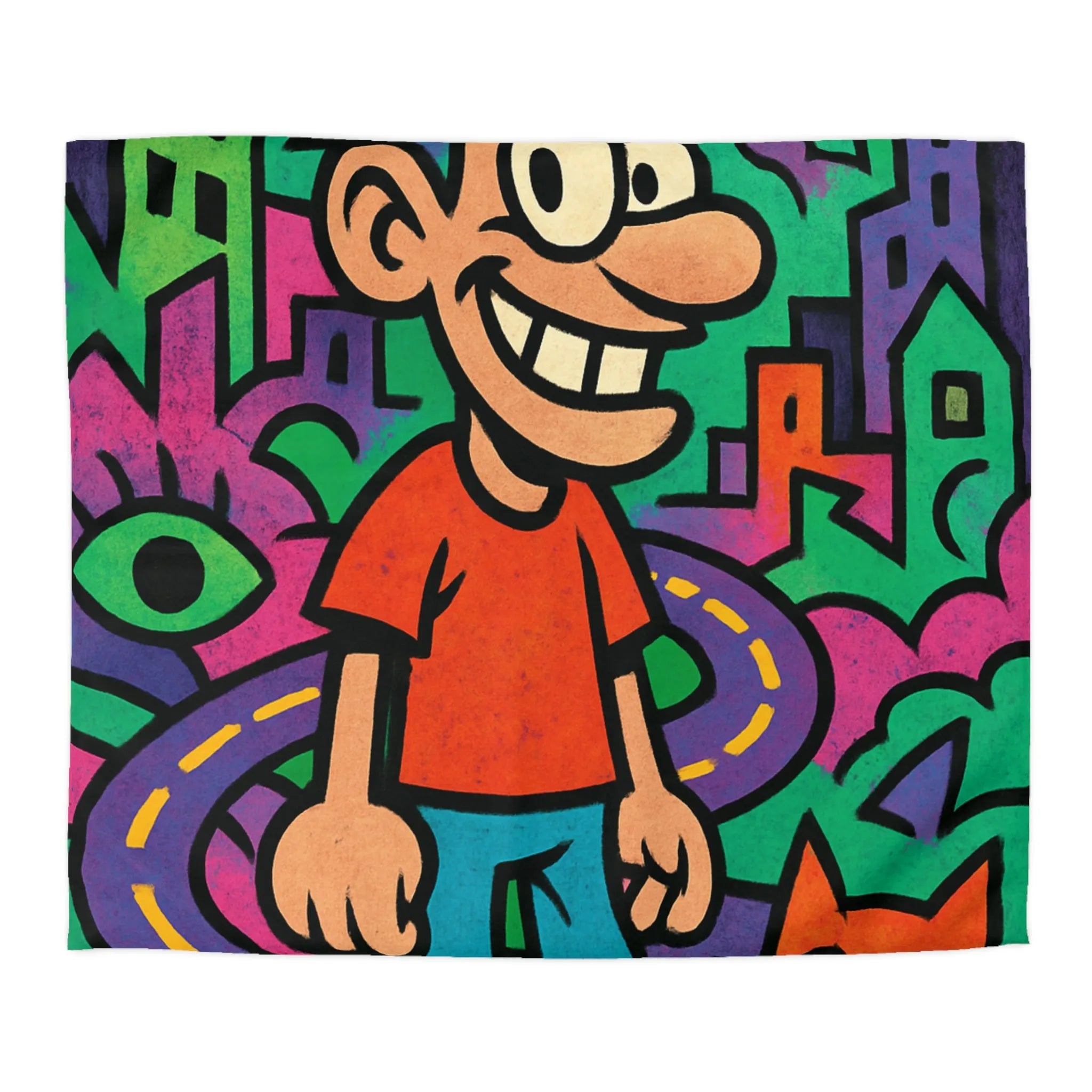 Housse de couette colorée motifs urbains et dessins animés, style pop art dynamique