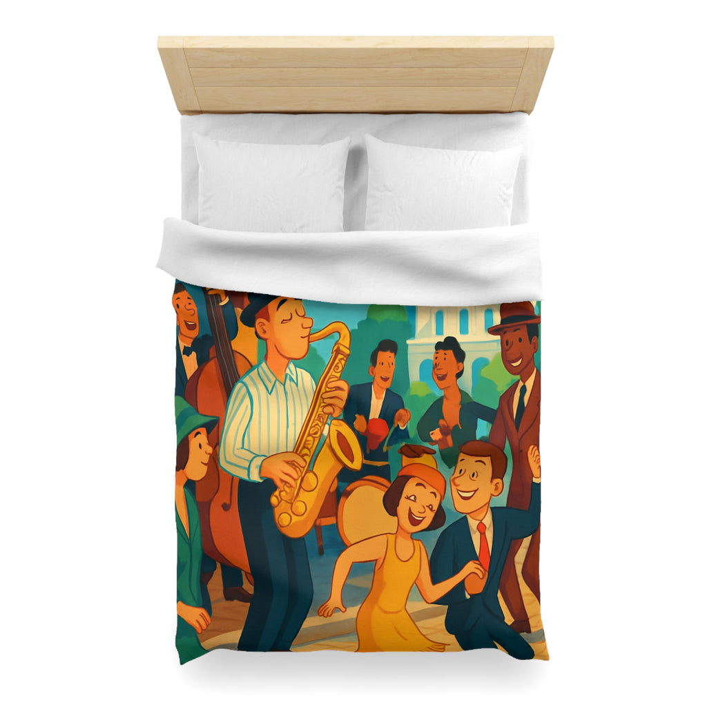 Housse de couette vintage avec scène de musique jazz animée et danse joyeuse