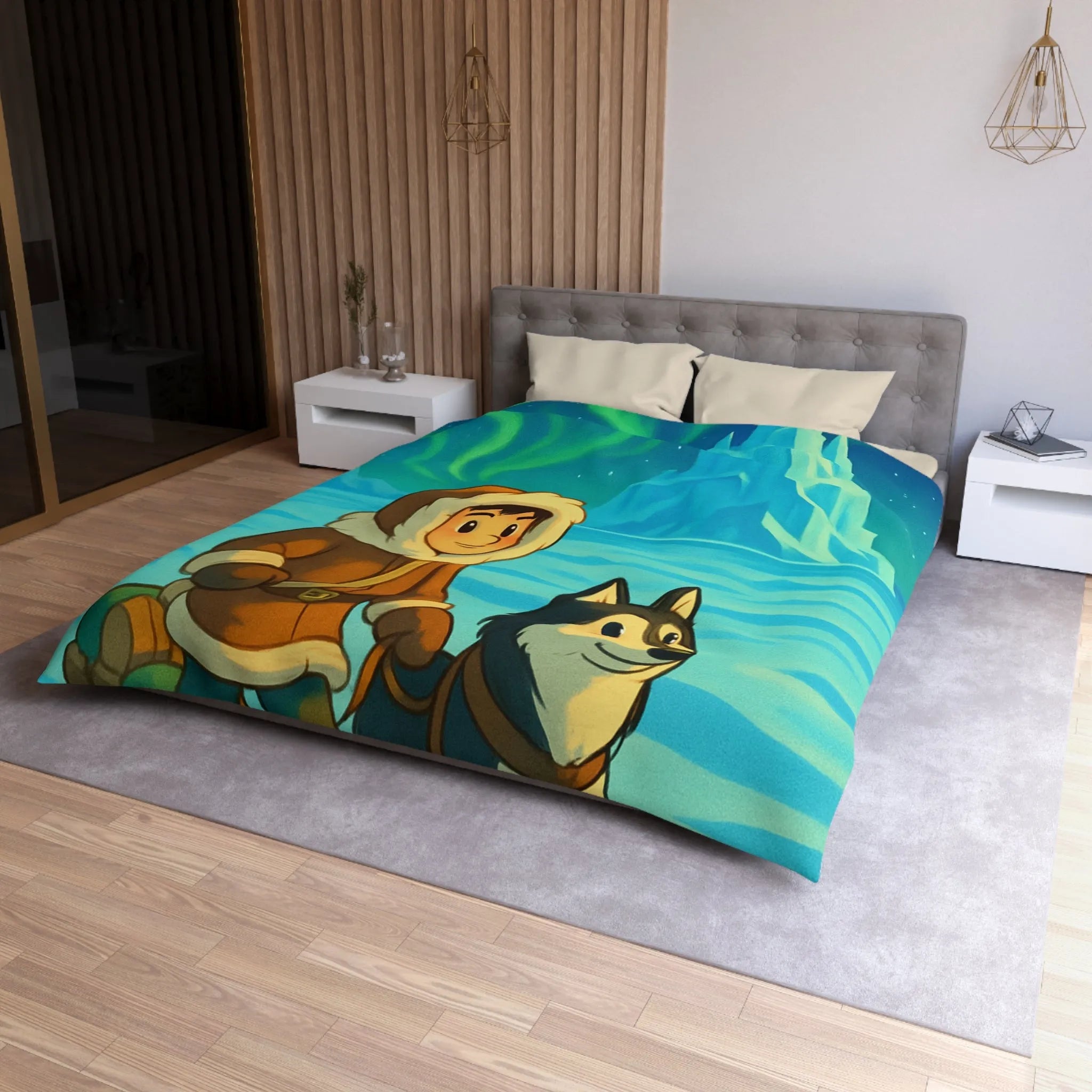 Housse de couette décorative avec aurores boréales et enfant accompagné de chien