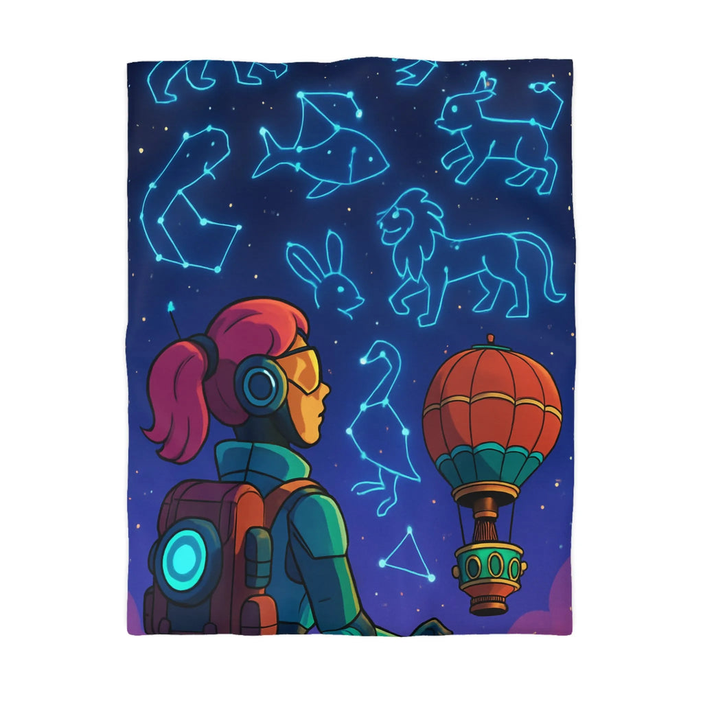 Housse de couette astronaute contemplant constellations animalières dans ciel étoilé rêveur