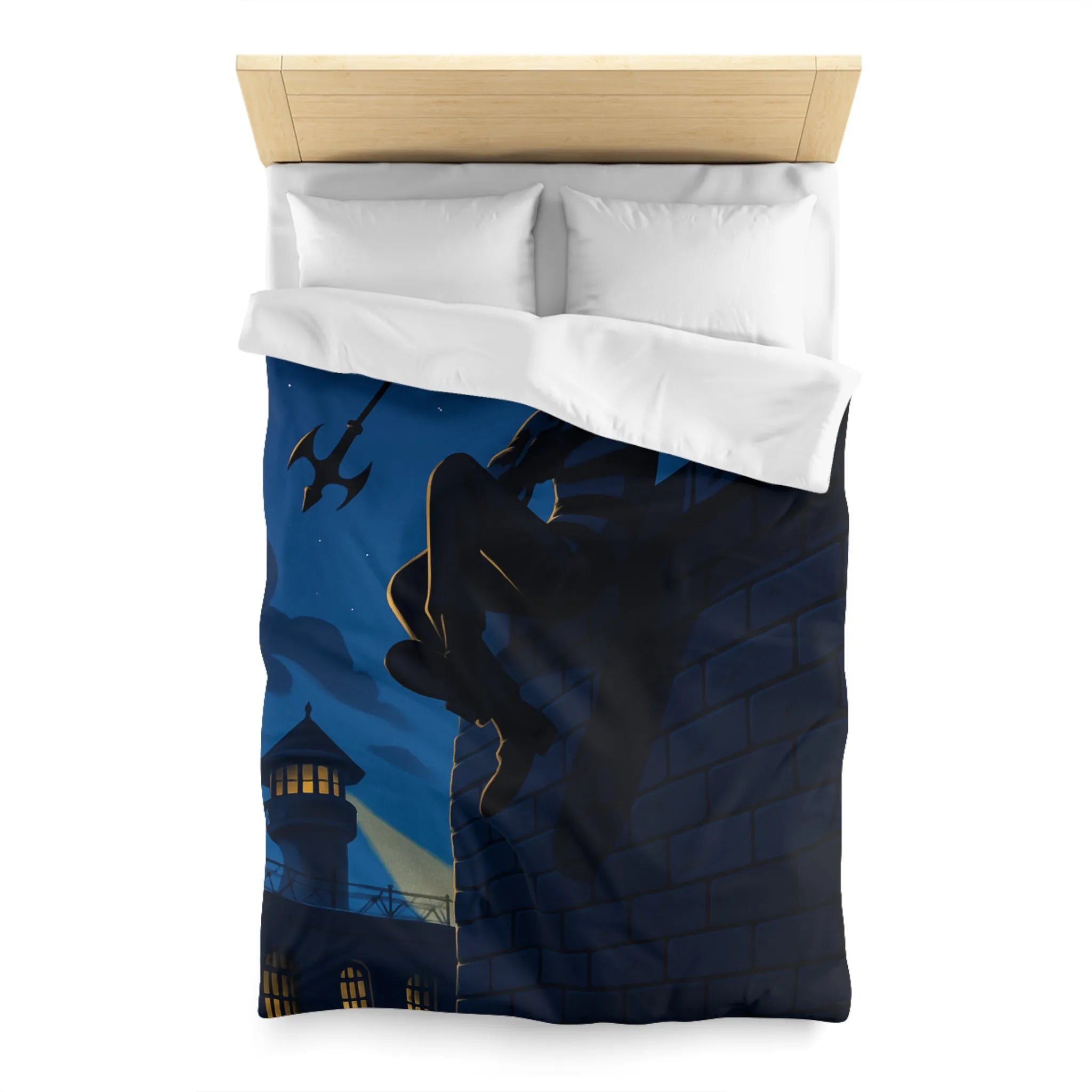 Housse de couette avec artiste en fuite sous ciel étoilé, ambiance nocturne captivante