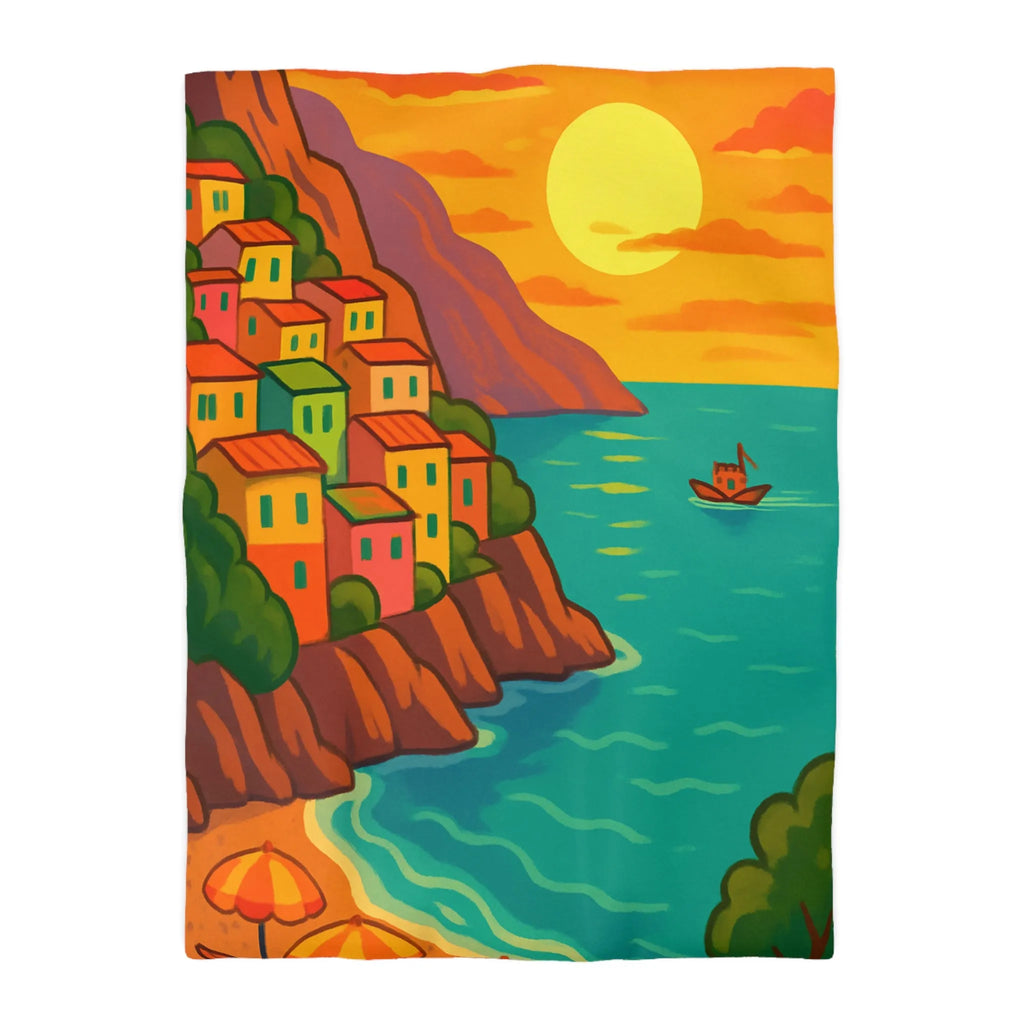 Housse de couette avec paysage côtier éclatant sous coucher de soleil vibrant et artistique