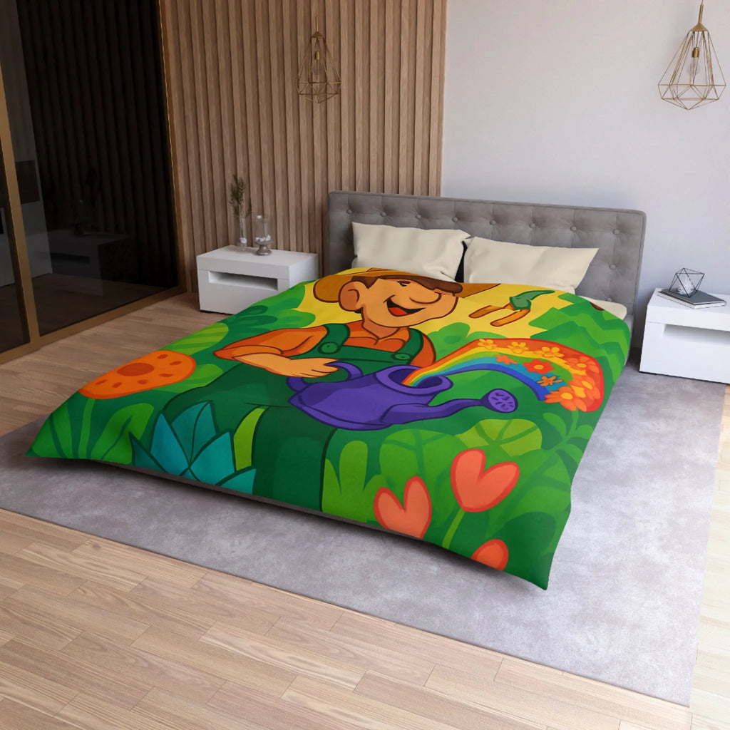 Housse de Couette Colorée avec Dessin Jardinier Arrosant des Fleurs et Arc-en-Ciel