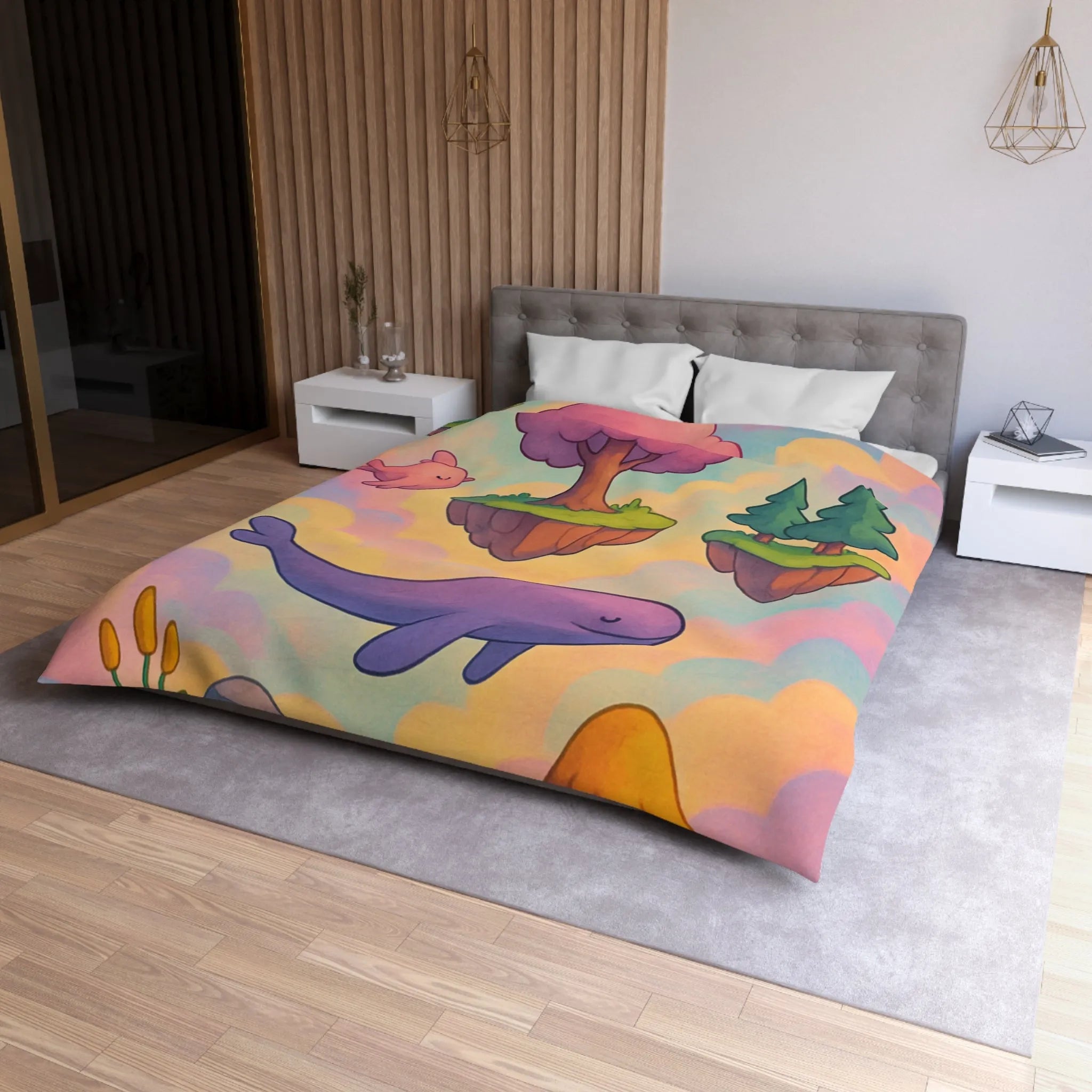 Housse de couette avec îles flottantes et créatures rêveuses dans un ciel magique