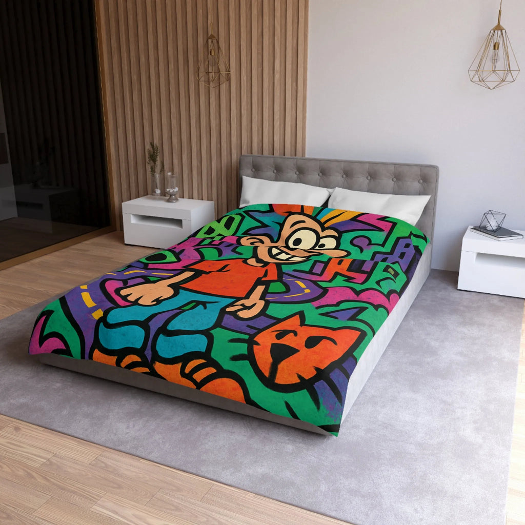 Housse de couette colorée motifs urbains et dessins animés, style pop art dynamique