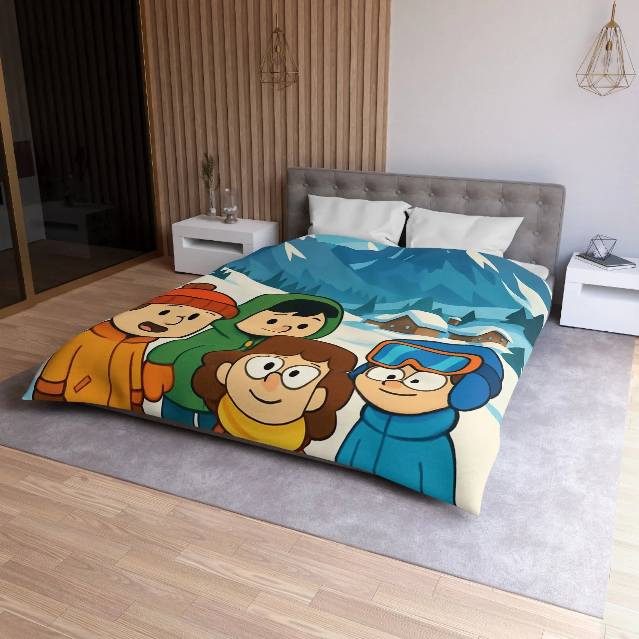 Housse de couette avec enfants joyeux et montagnes enneigées pour chambre d'enfant