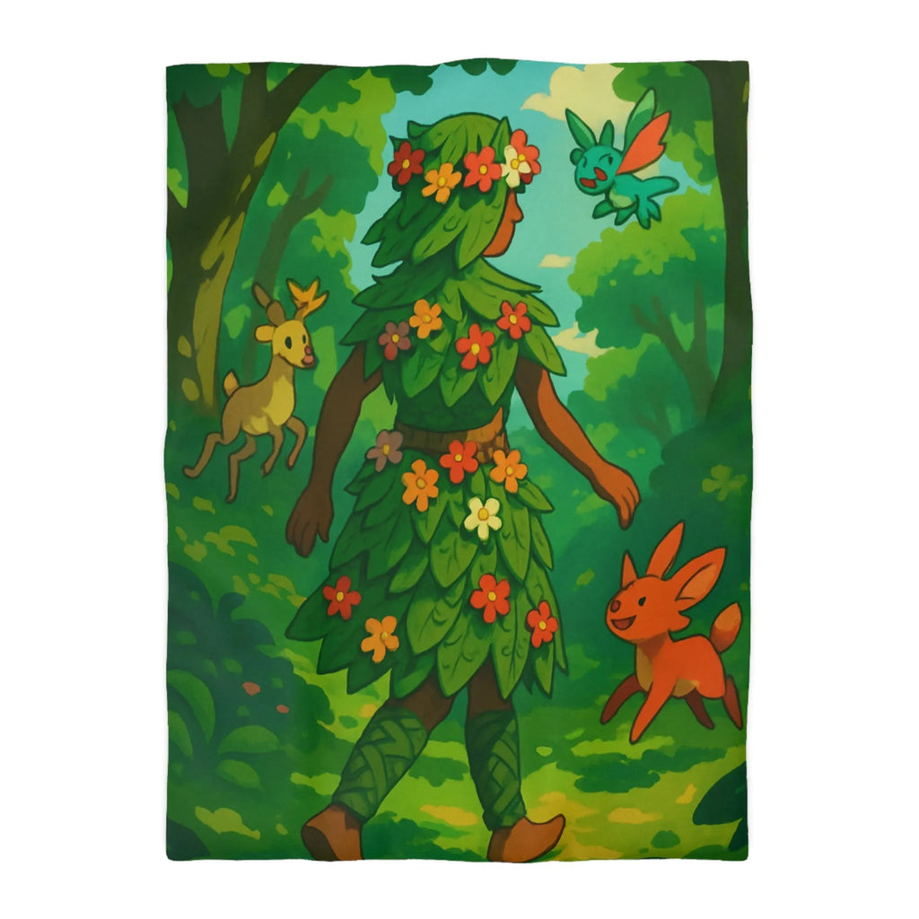 Housse de couette forêt enchantée avec créatures et personnage naturel aux couleurs vibrantes