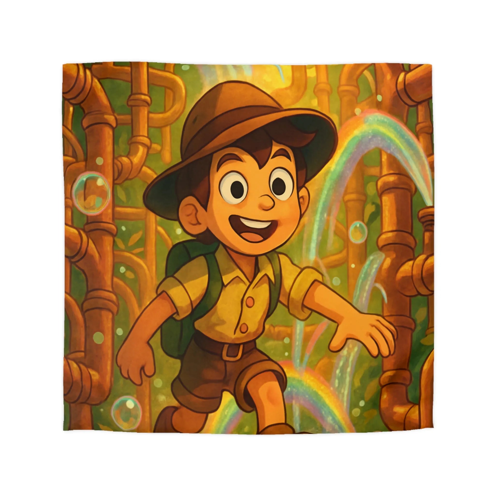 Housse de couette enfantine : garçon explorateur, tuyaux dorés, arcs-en-ciel et bulles joyeuses