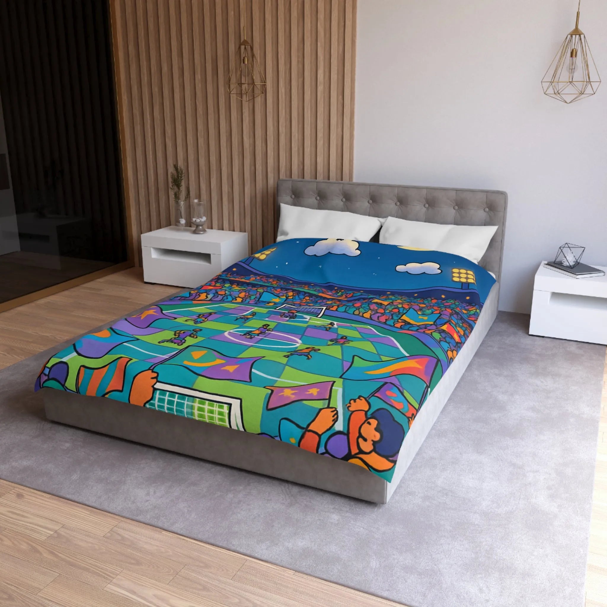 Housse de couette colorée avec motif de stade de football sous ciel étoilé