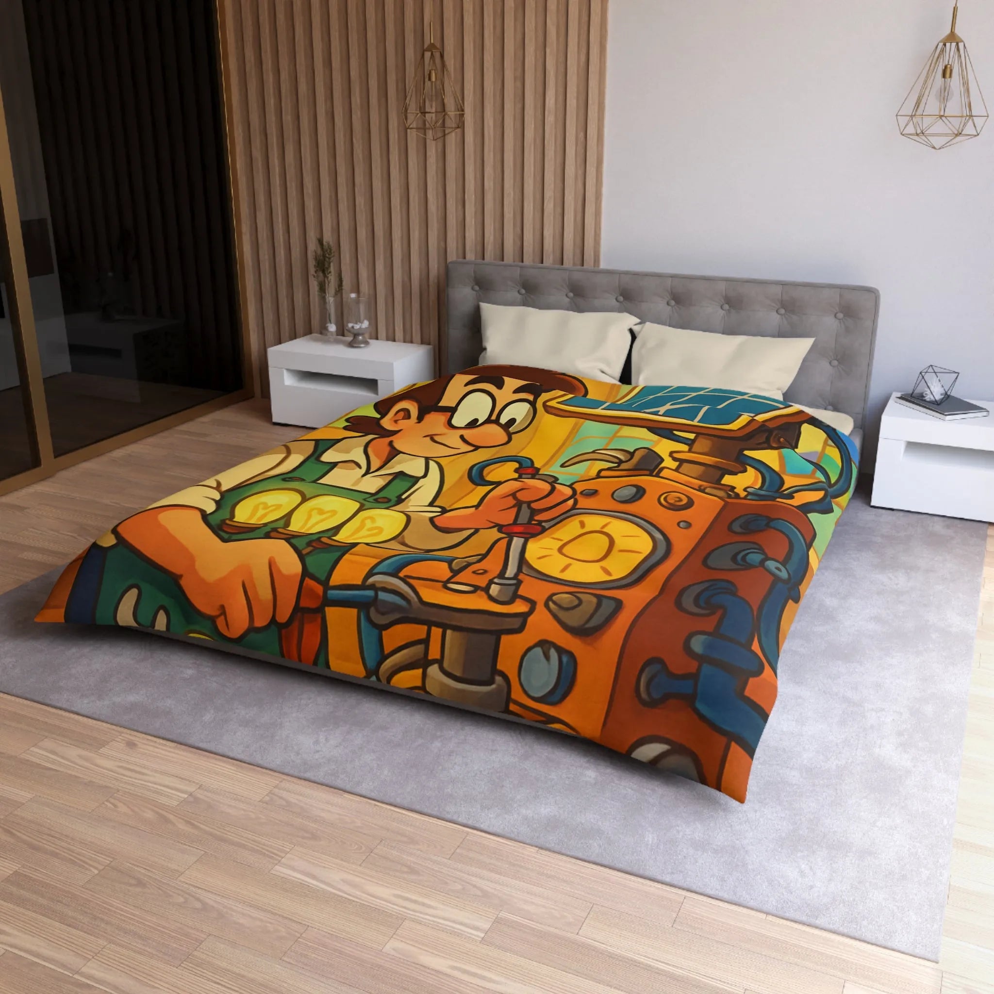 Housse de Couette Illustre Inventeur avec Machine Énergétique et Vitrail Coloré Artistique