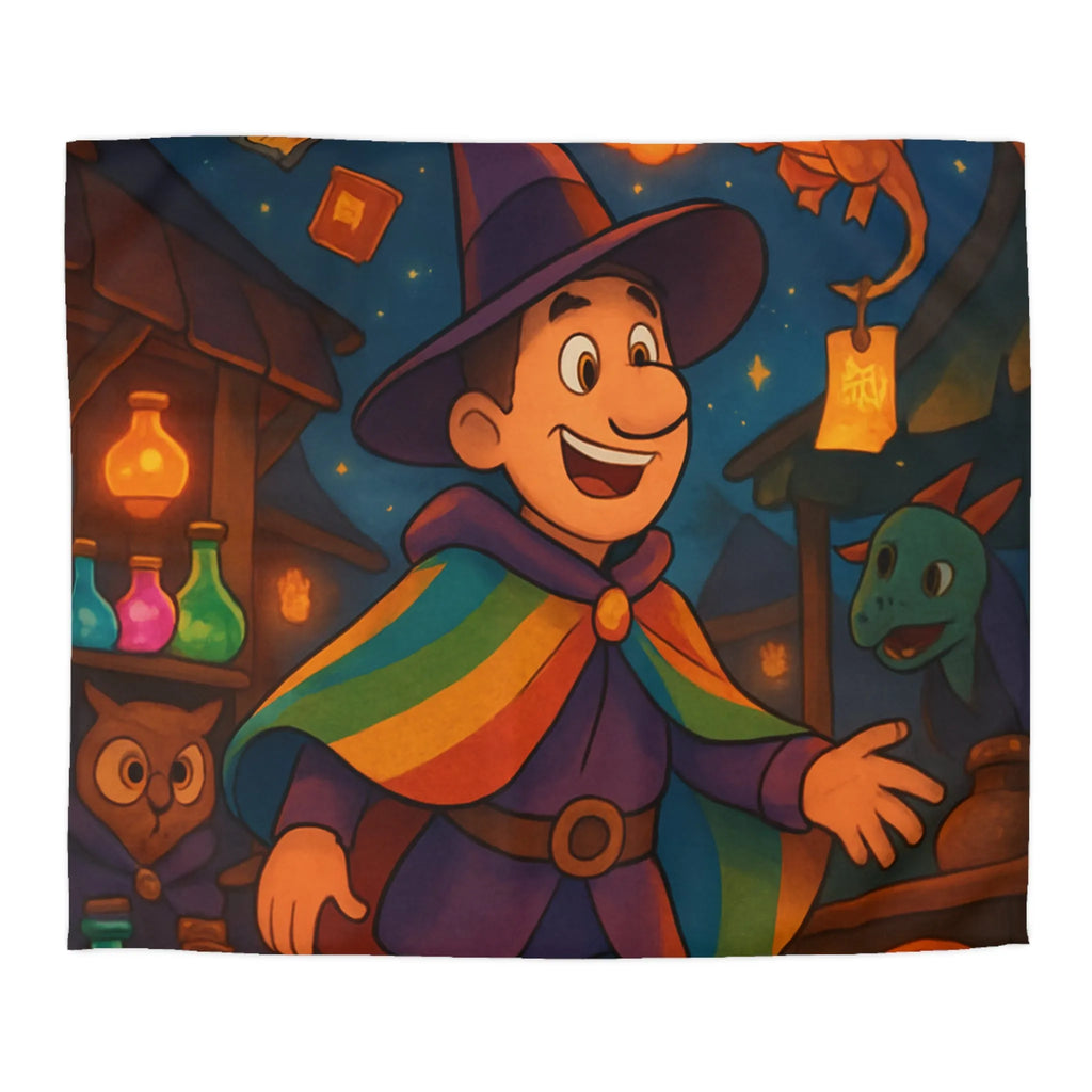 Housse de couette magique avec envoûtant motif de sorcier, dragon et livres enchantés