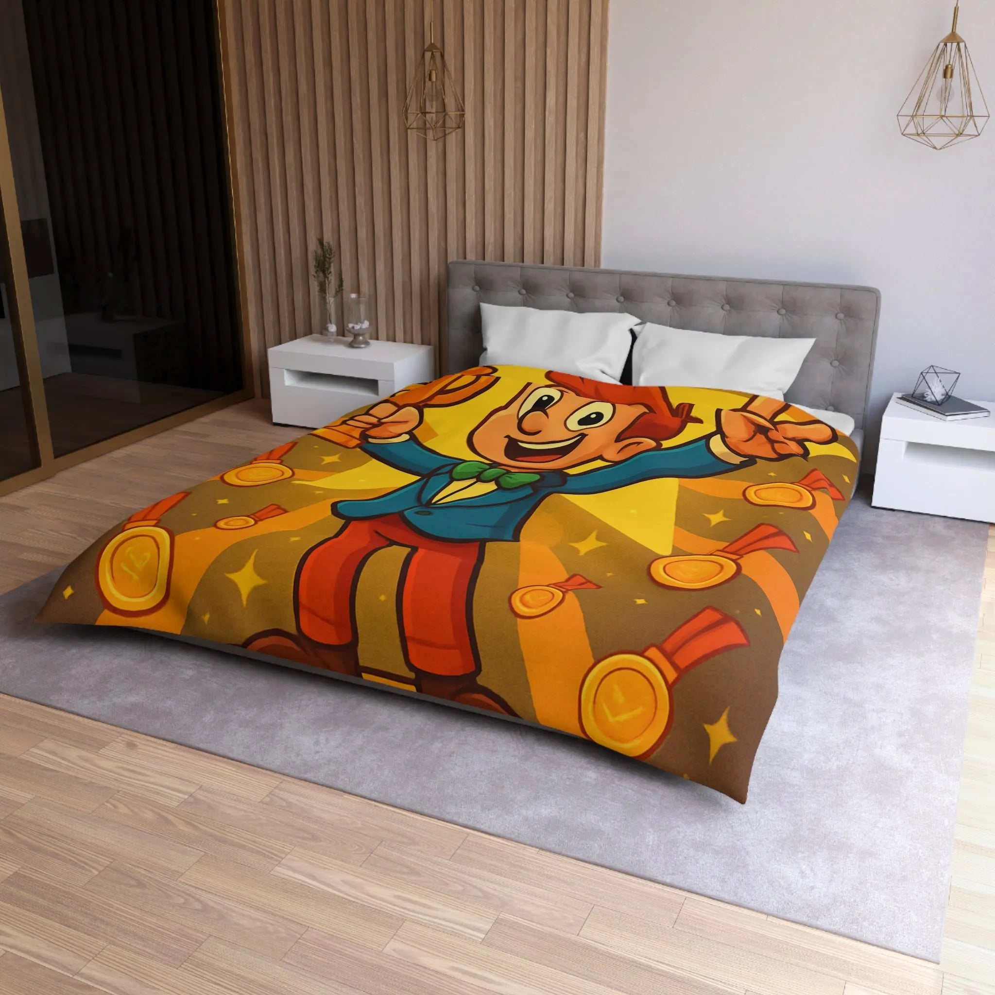 Housse de Couette Enfant avec Illustration Jeune Champion Débordant de Joie et Médailles