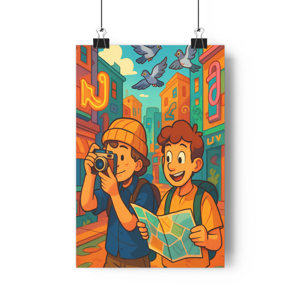 Poster décoratif cartoon urbain aventure amis exploration couleurs vives chambre salon joyeux ambiance unique