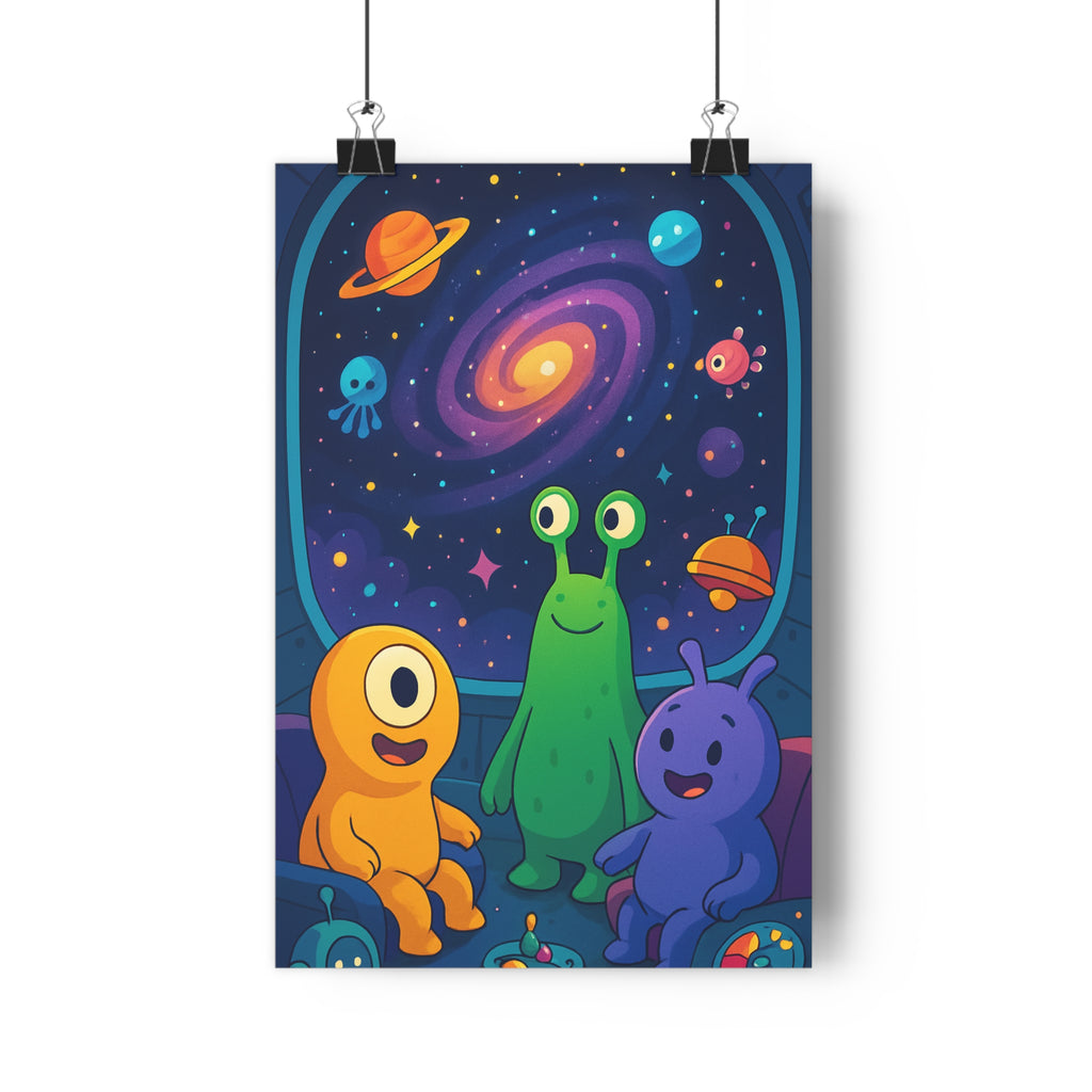 Poster décoratif futuriste coloré galaxie aventure créatures joyeux chambre enfant vibrant spatial exploration unique
