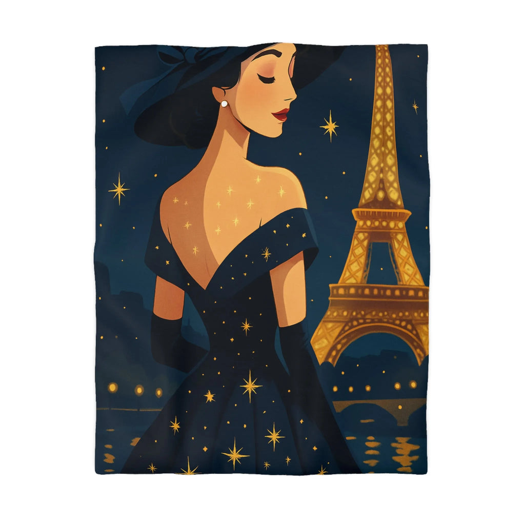 Élégante illustration nocturne femme en robe étoilée avec Tour Eiffel lumineuse