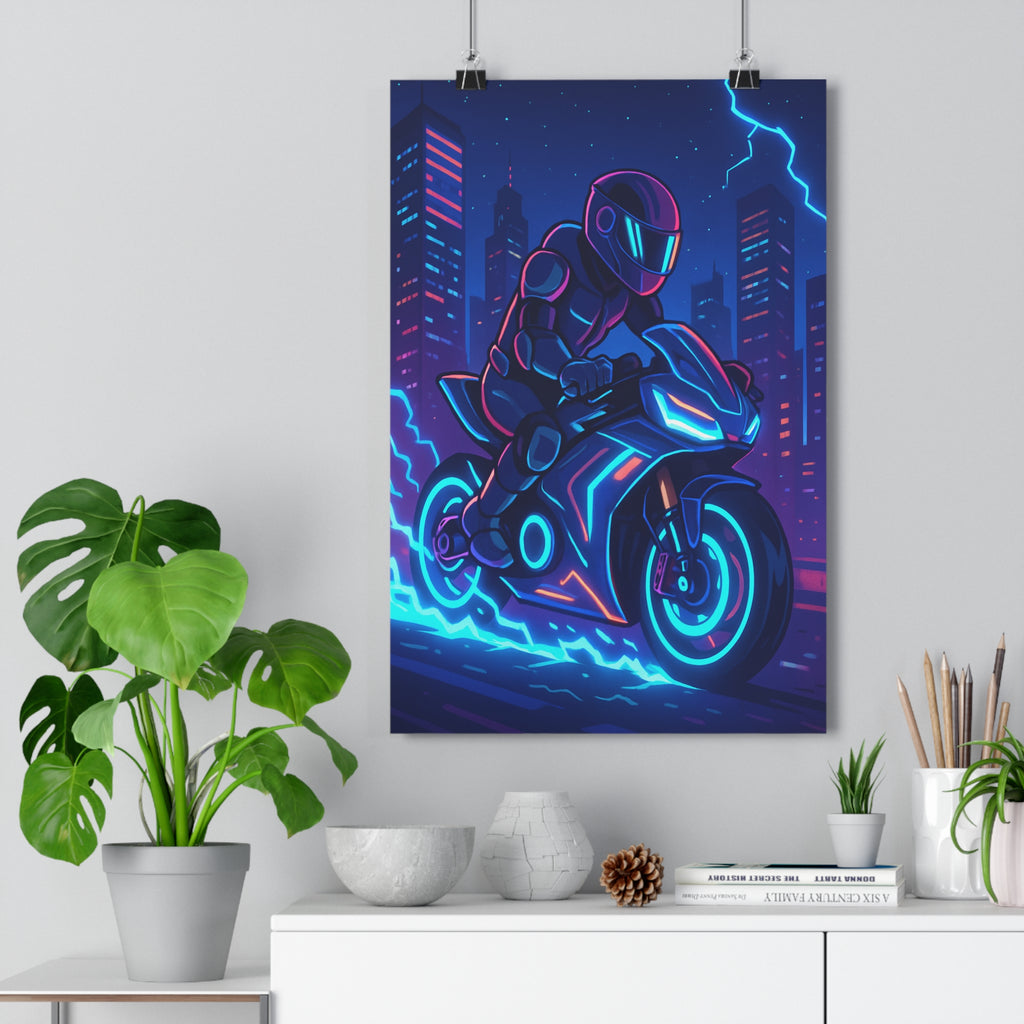 Poster décoratif moto futuriste cyberpunk néons bleu rose chambre moderne électrique dynamique passionné 30x46