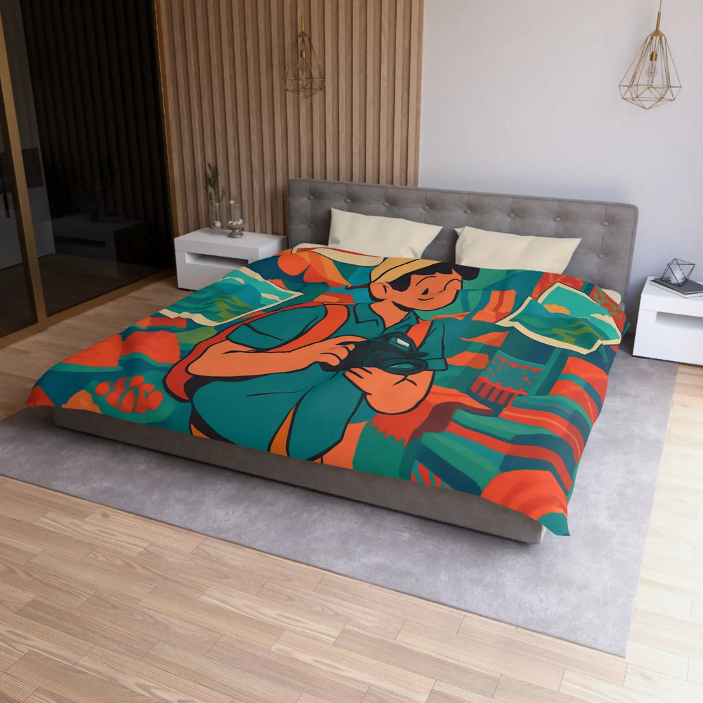 Housse de Couette Colorée avec Voyageur Photographiant un Marché Animé et Vibrant