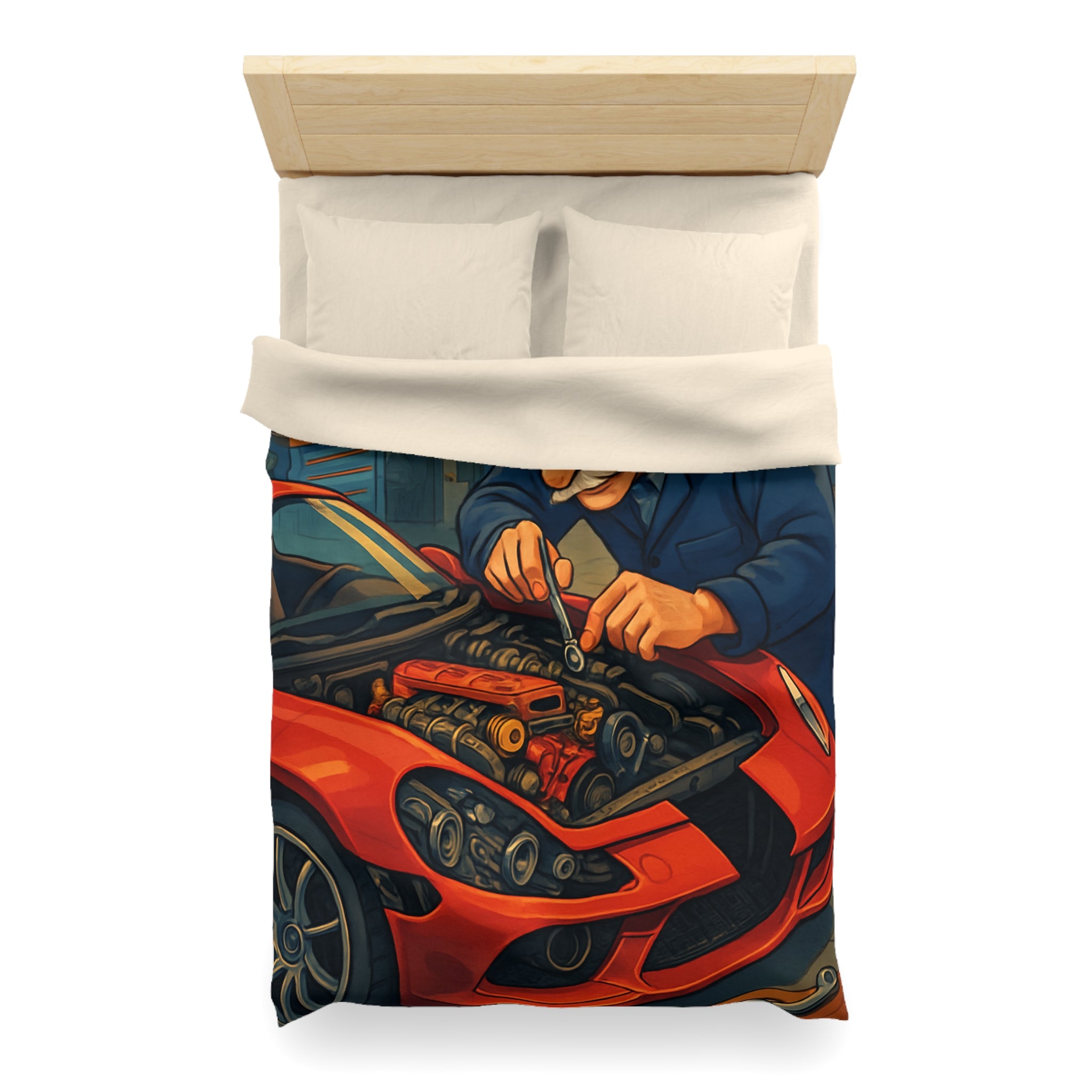 Housse de couette voiture rouge et mécanicien dans garage rétro pour chambre unique