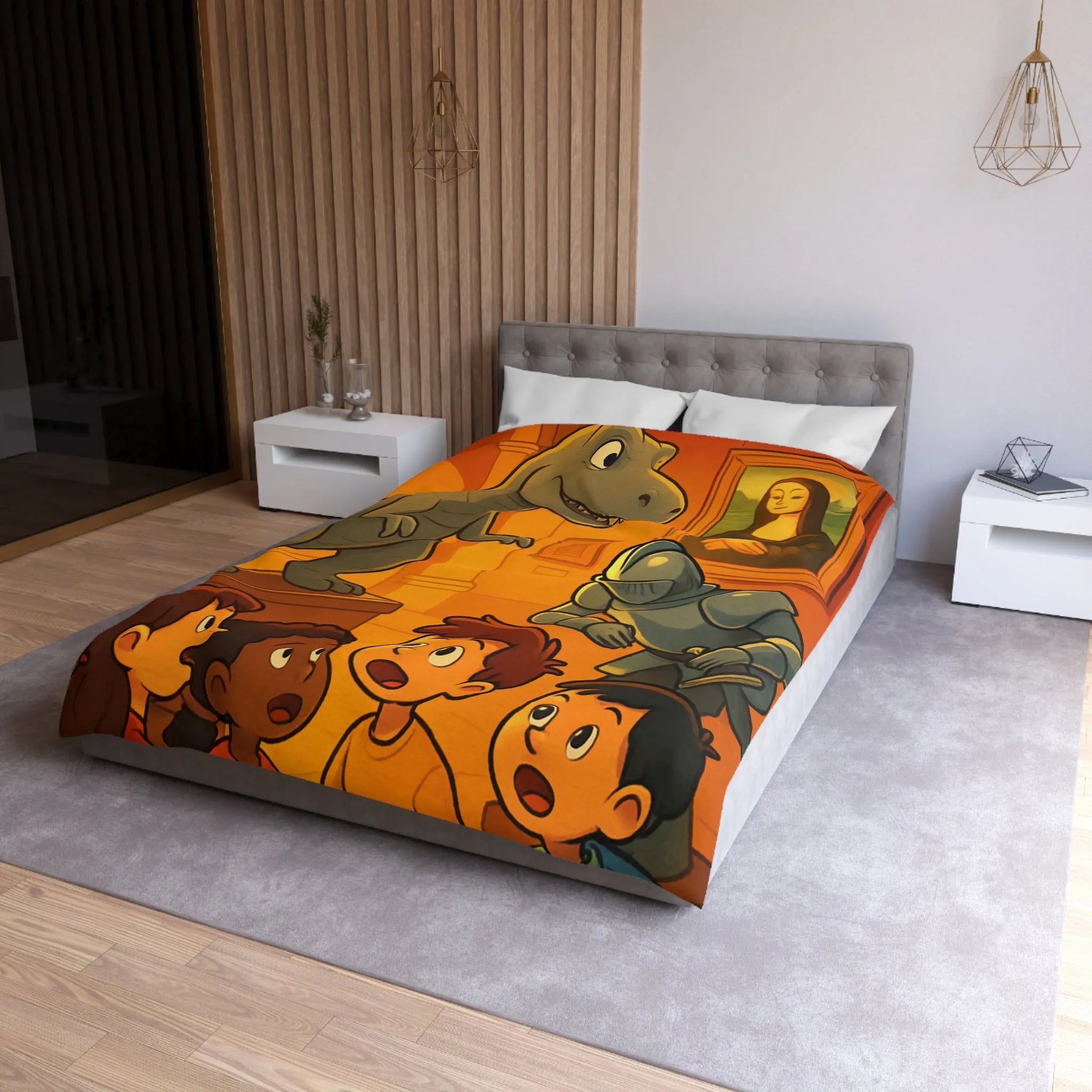 Housse de couette avec scène amusante de musée et T-Rex pour enfants créatifs