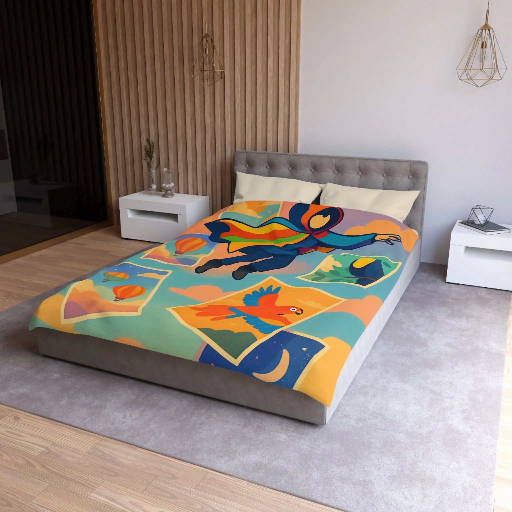 Housse de couette colorée avec motifs d'aventure de montgolfières et oiseaux exotiques